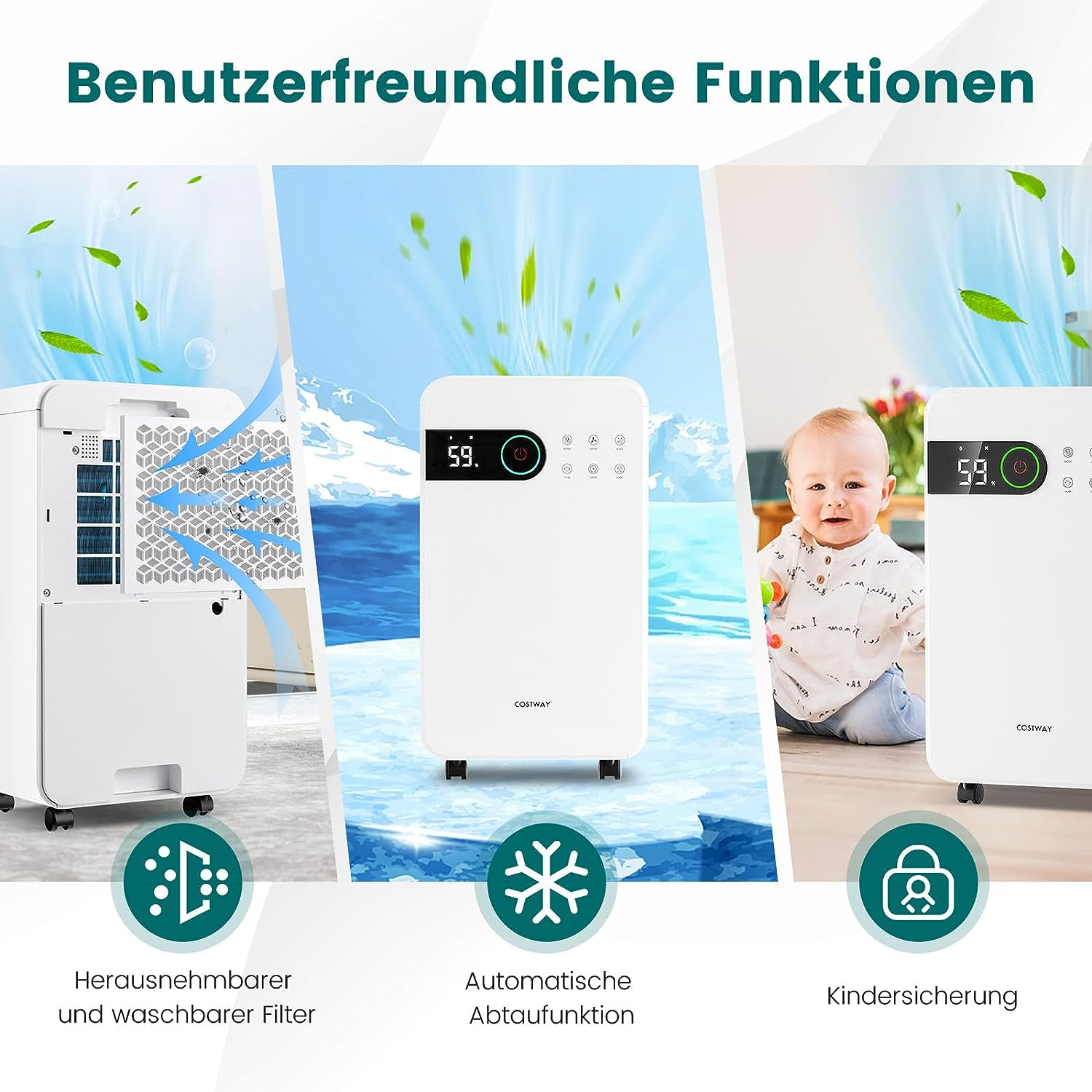 Drei Bilder zeigen einen Luftreiniger, seine Funktionen und ein Baby mit sauberer Luft.