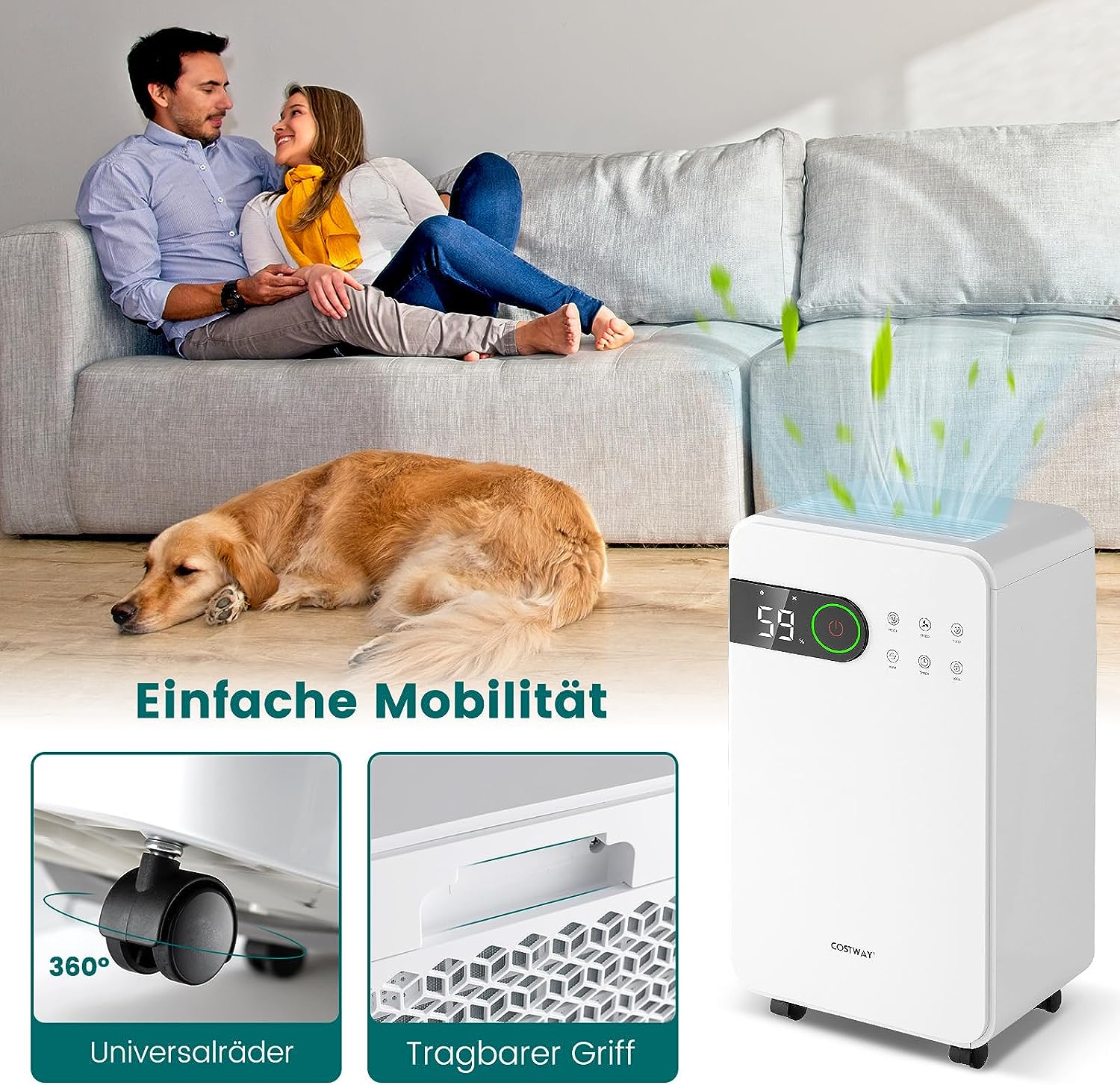 Ein Paar sitzt auf einem Sofa, ein Hund liegt auf dem Boden und ein weißer Luftreiniger.
