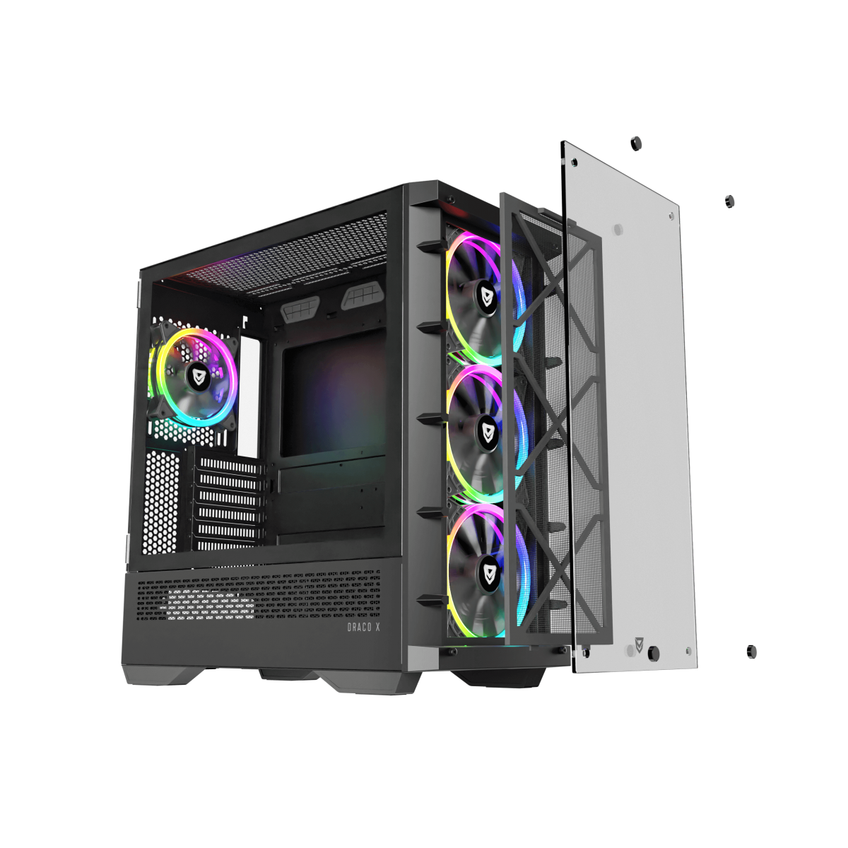Un case per computer nero con ventole arcobaleno. Ha un pannello laterale in vetro, che mostra i componenti.