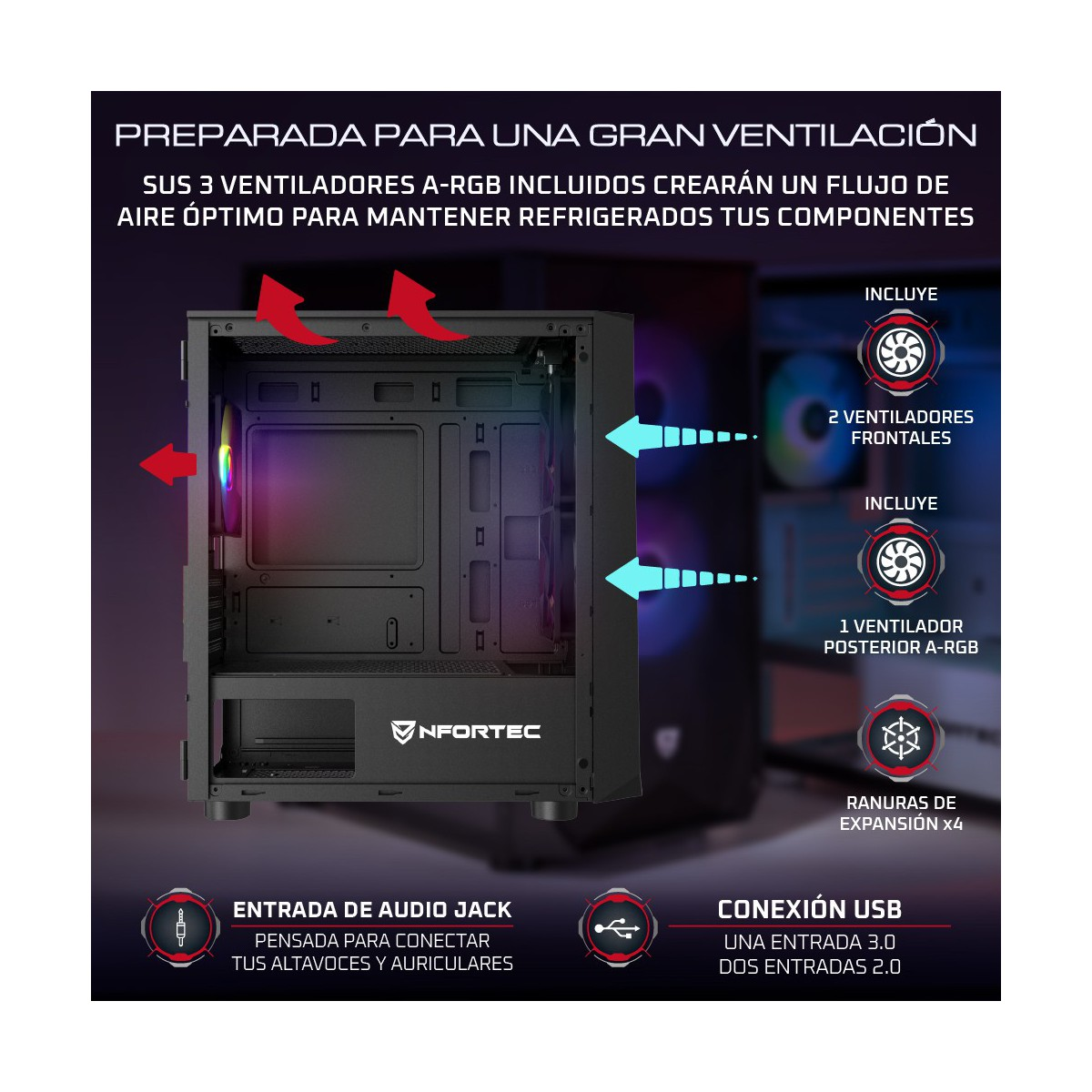 Case per computer con ventole. Il testo indica un flusso d'aria ottimale per il raffreddamento.