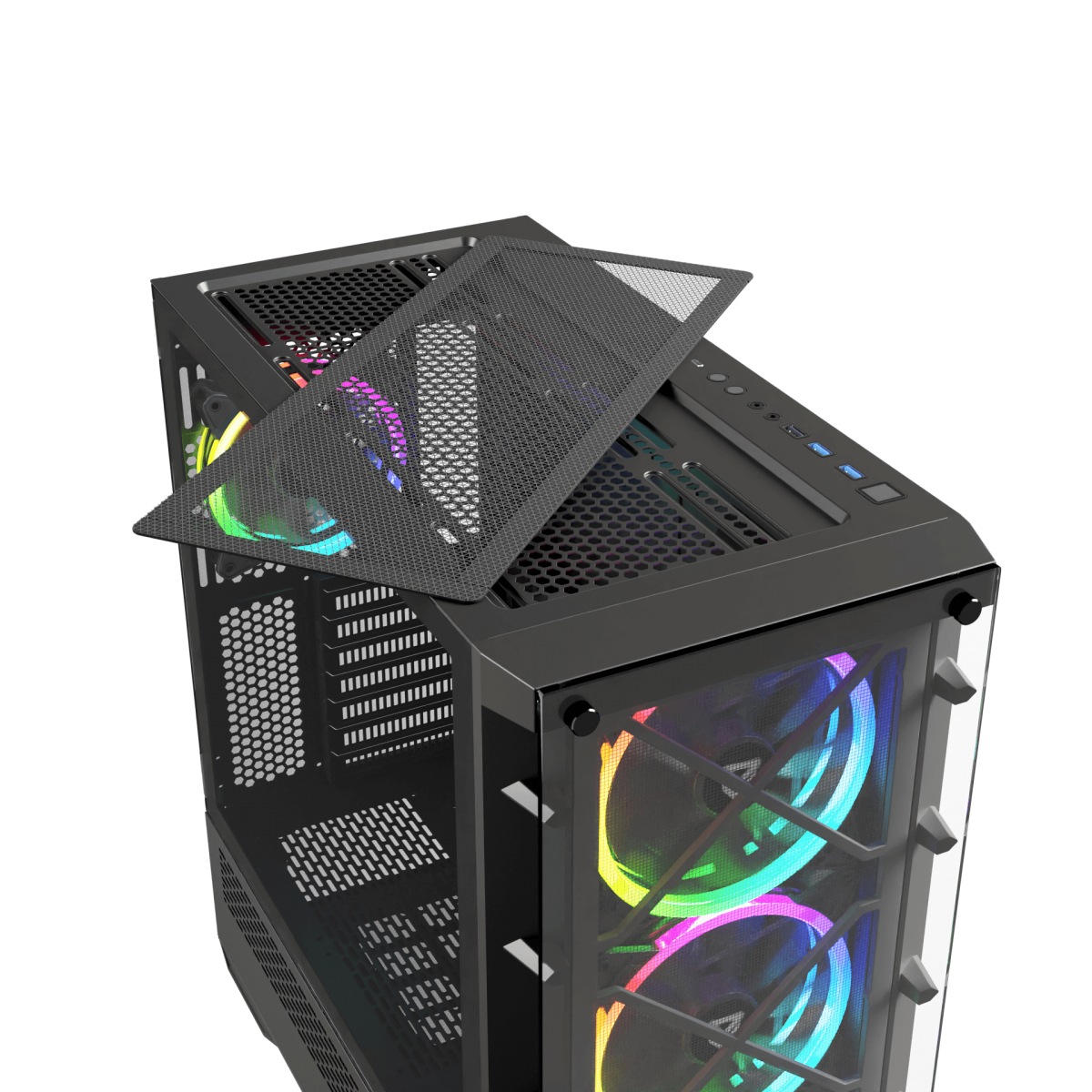 Un case per computer con luci RGB, uno schermo e una parte superiore a rete. Il case è nero.