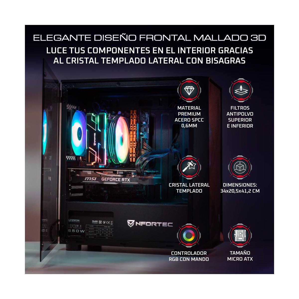 Case per computer con pannello laterale in vetro che mostra i componenti interni. Luci RGB.
