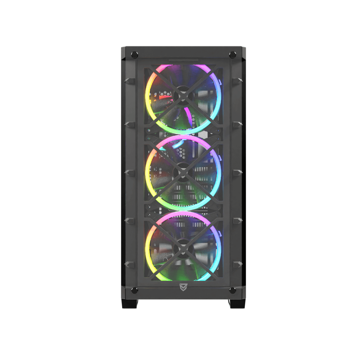 Case per PC nero con tre ventole illuminate con colori arcobaleno.