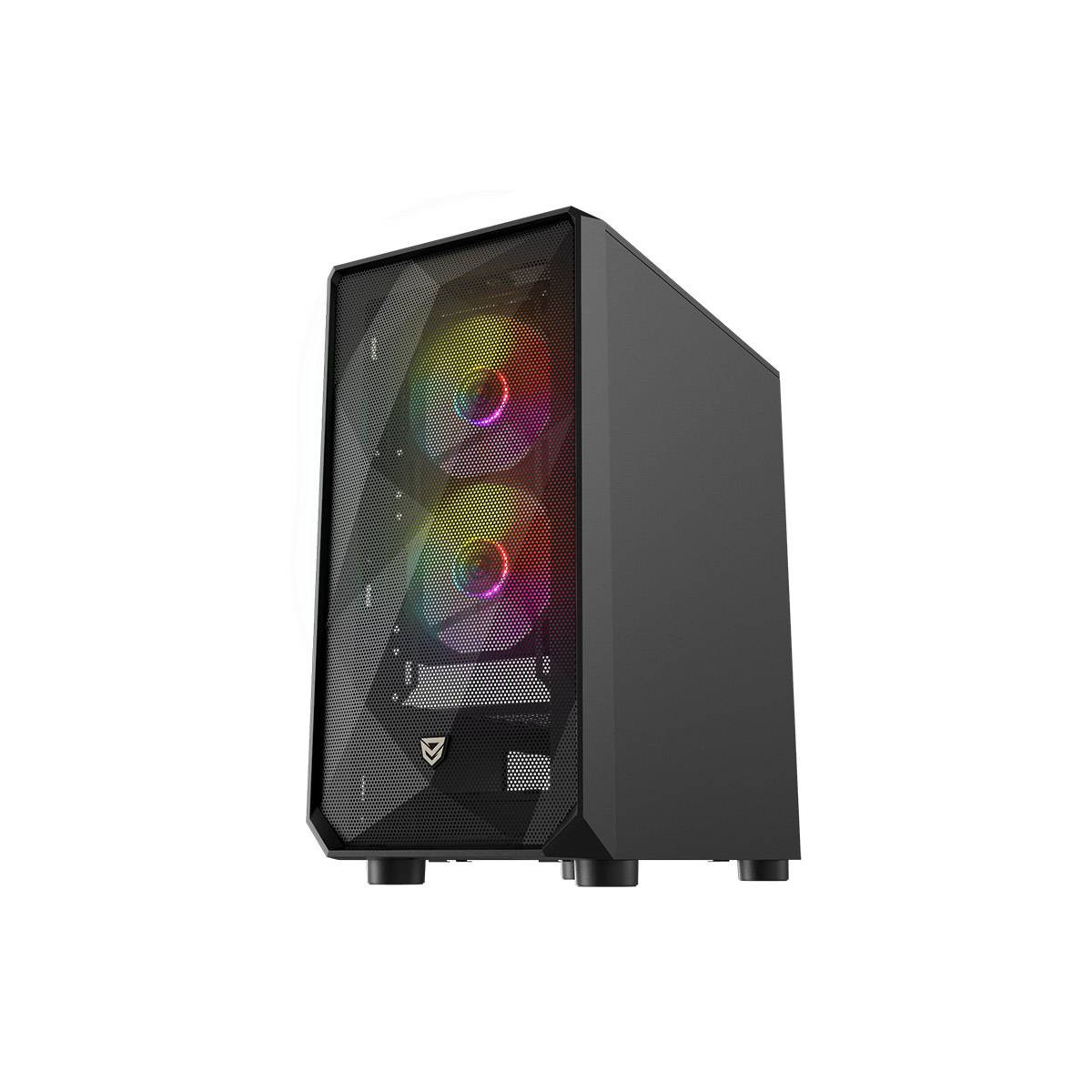 Un case per computer nero con due ventole visibili attraverso la griglia frontale. RGB acceso.