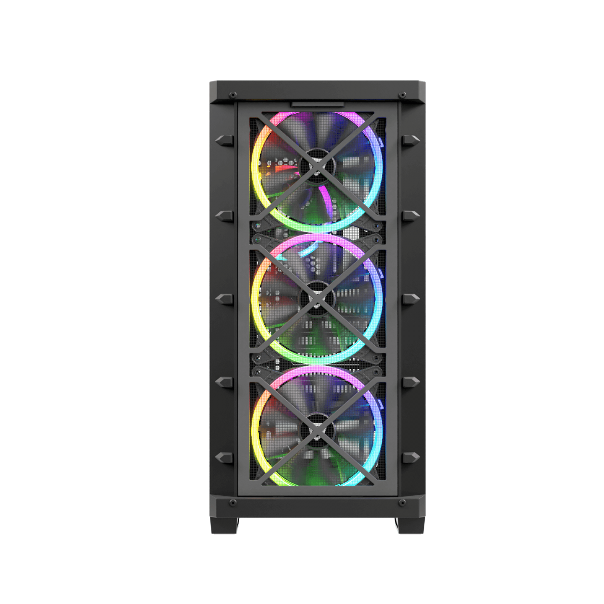 Case nero per computer con tre ventole. Le ventole hanno luci LED colorate.