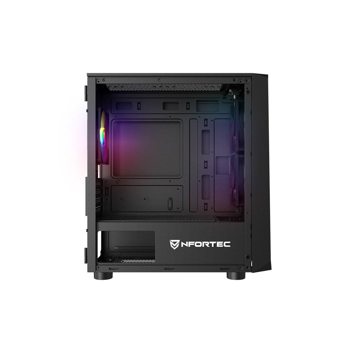 Case per computer nero con il marchio Nfortec. L'interno è visibile, con spazio per i componenti e una ventola.