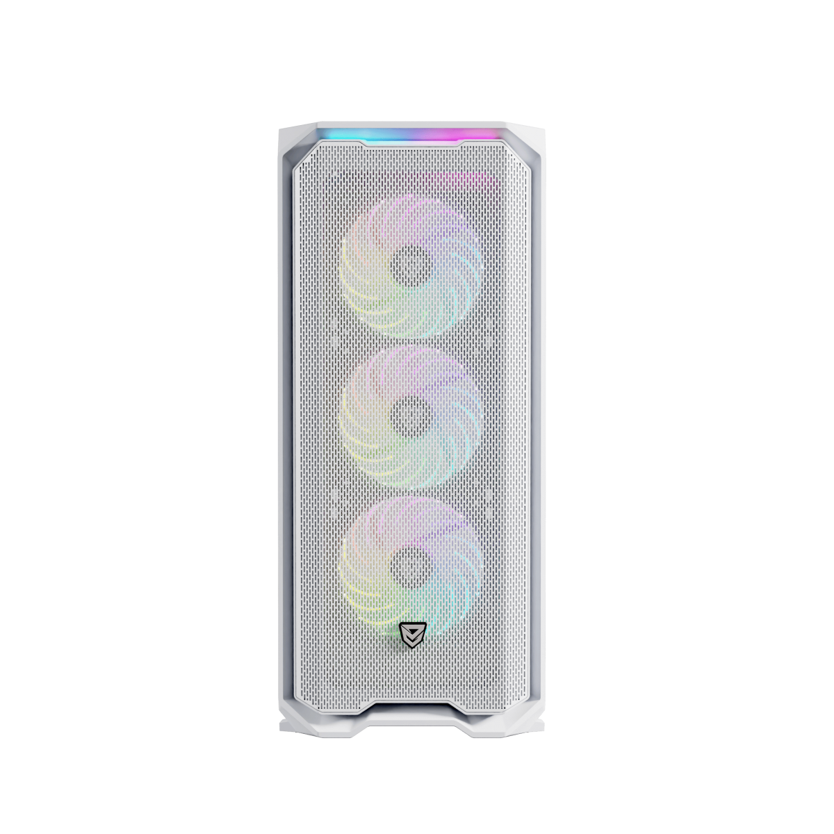 Biała obudowa komputera z trzema wentylatorami i przednim panelem z siatki, czarne tło.