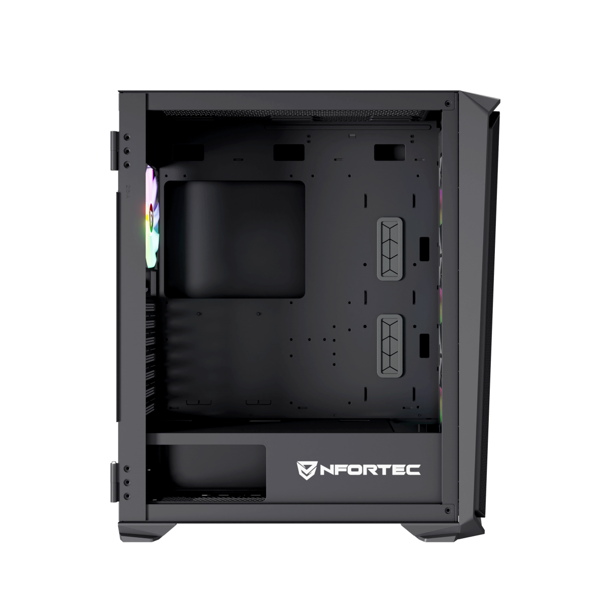 Obudowa komputera ze szklanym panelem bocznym, komponentami wewnętrznymi i widocznym oświetleniem RGB.