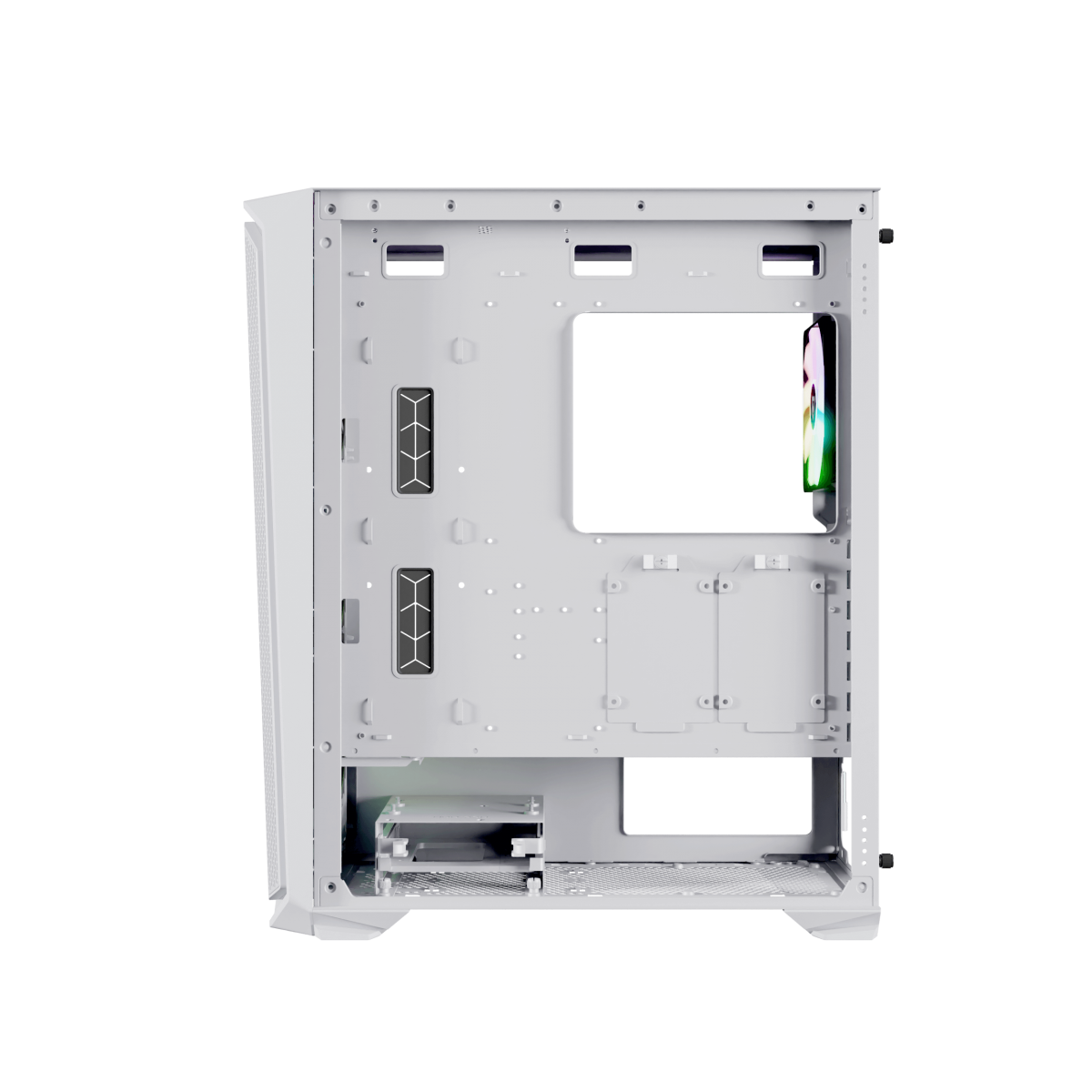 Biała obudowa komputera wewnątrz. Pokazuje wewnętrzną strukturę z różnymi otworami i wentylatorem.