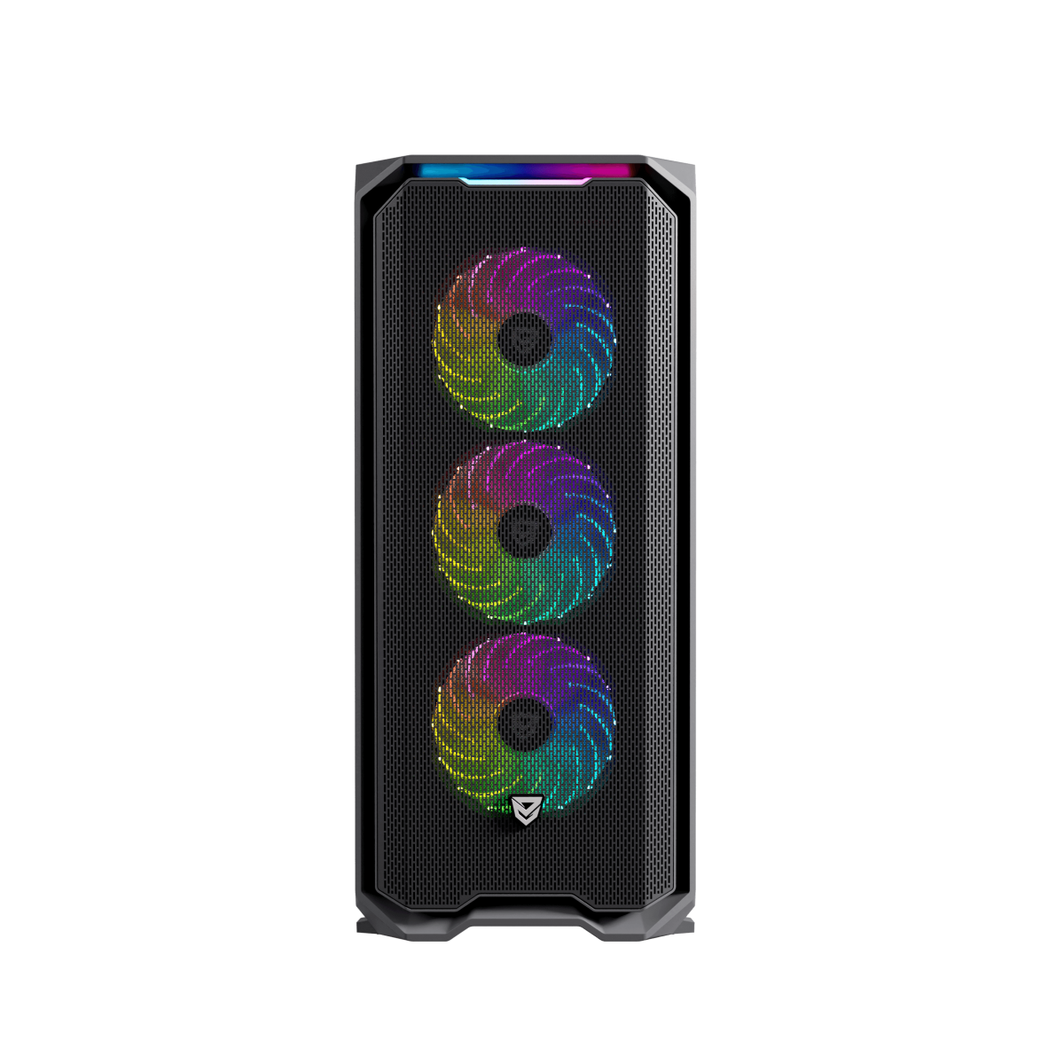 Czarna obudowa komputera z trzema kolorowymi wentylatorami. Obudowa znajduje się przed czarnym tłem.