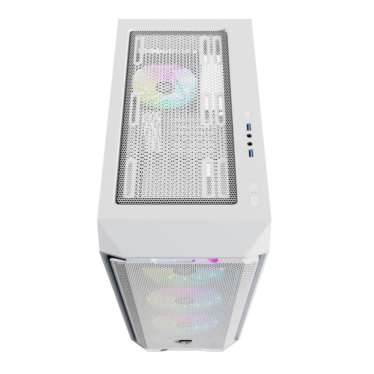 Biała obudowa komputera, widok z góry, z perforowaną górą i przodem. Kolorowe światła świecą przez przód.