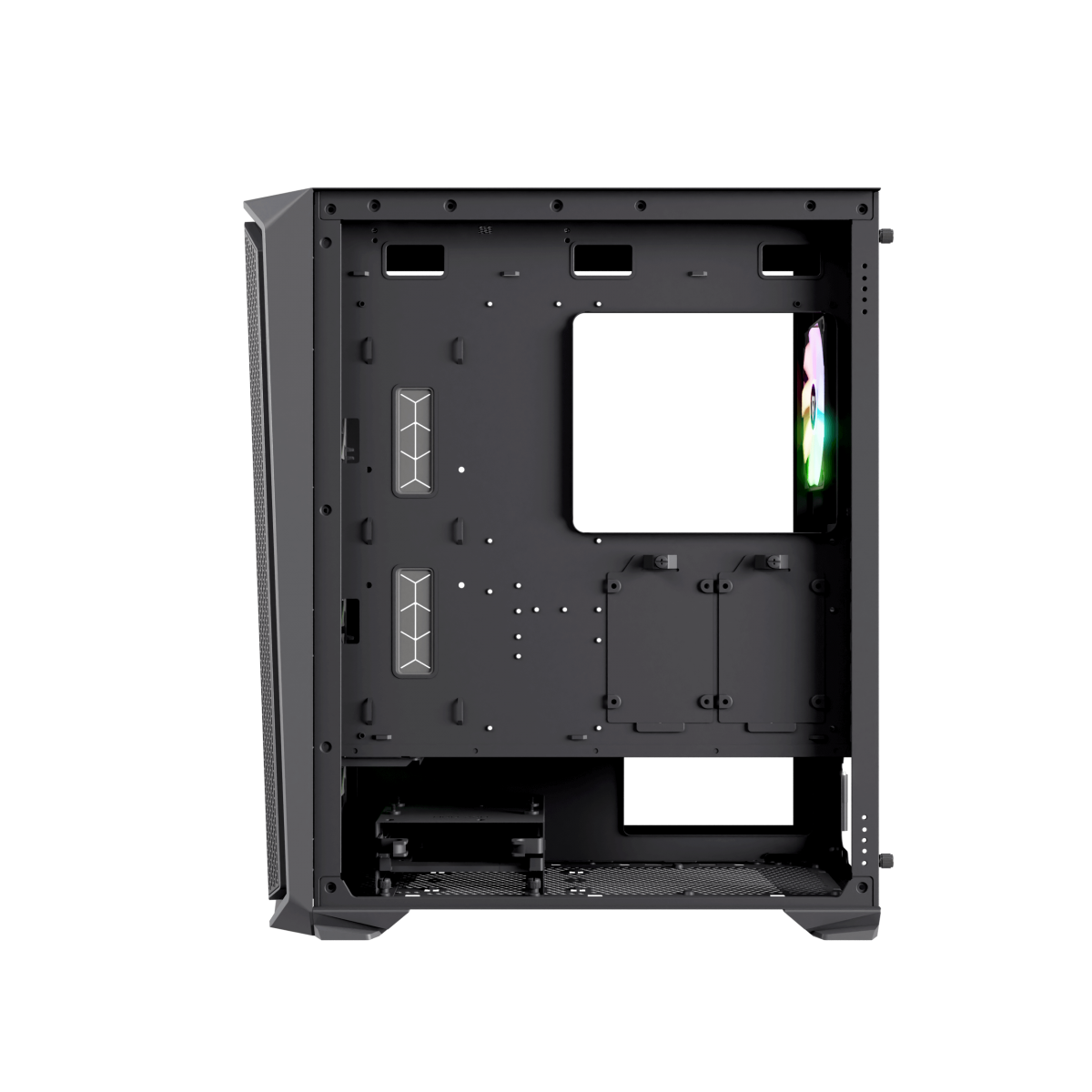 Pusta czarna obudowa komputera z otworami montażowymi i wentylatorem bocznym z oświetleniem RGB.
