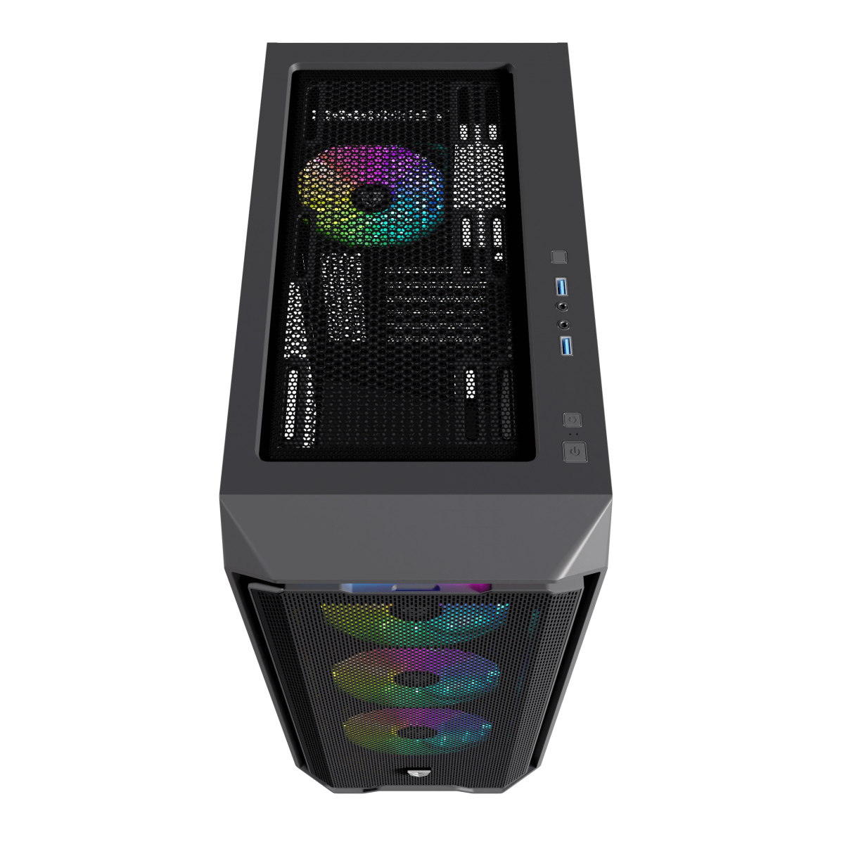 Widok z góry na czarną obudowę komputera z wentylatorami RGB i siatkowym panelem przednim.