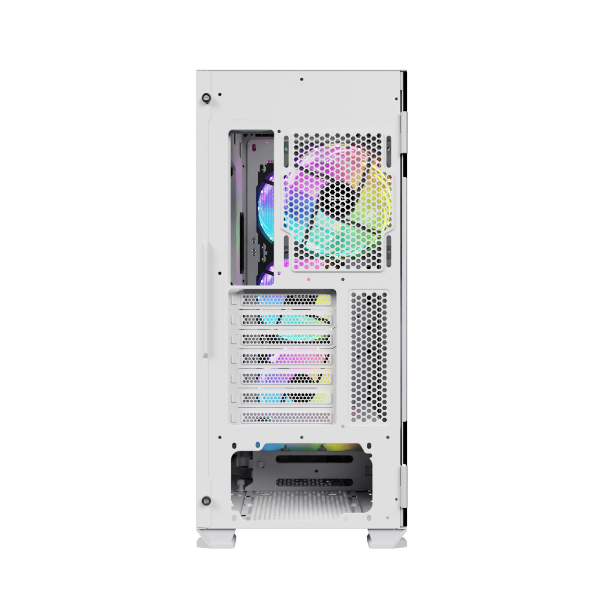 Obudowa komputera, biała z kolorowym wentylatorem widocznym wewnątrz i czarnym tłem.
