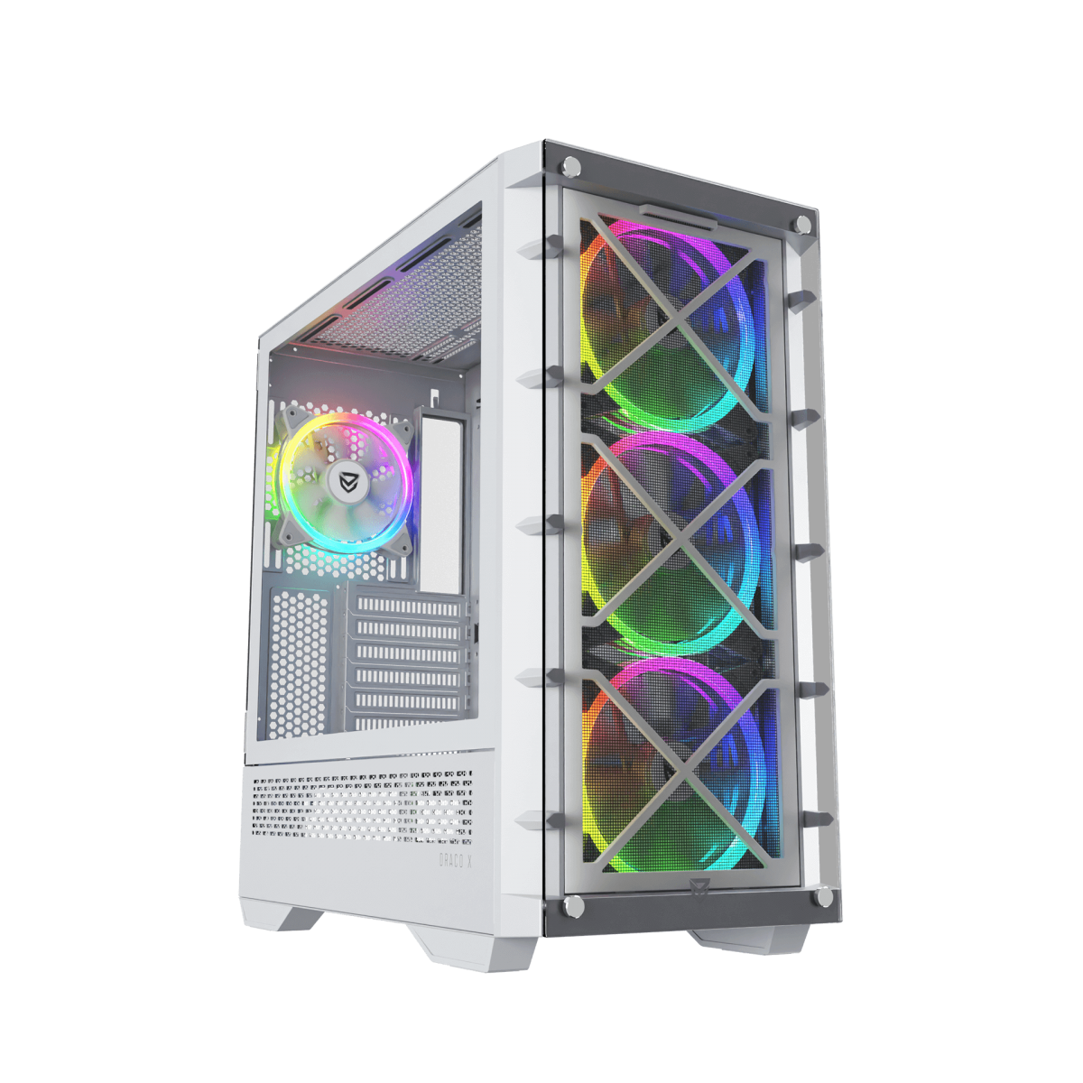 Un case per computer bianco con ventole con illuminazione RGB. Il case ha un pannello laterale in vetro.