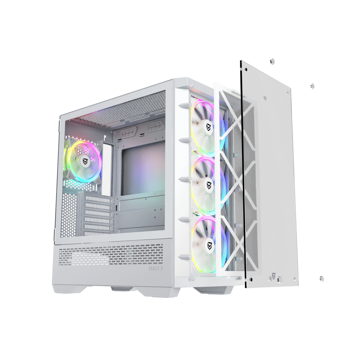 Case per computer bianco con ventole RGB. Pannello laterale in vetro staccato. Pannello frontale anch'esso staccato.