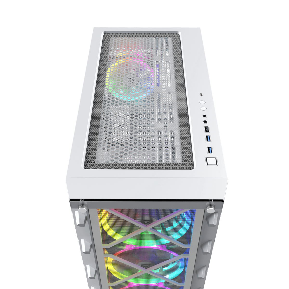 Un case per computer bianco con ventole colorate visibili attraverso la parte anteriore e superiore.