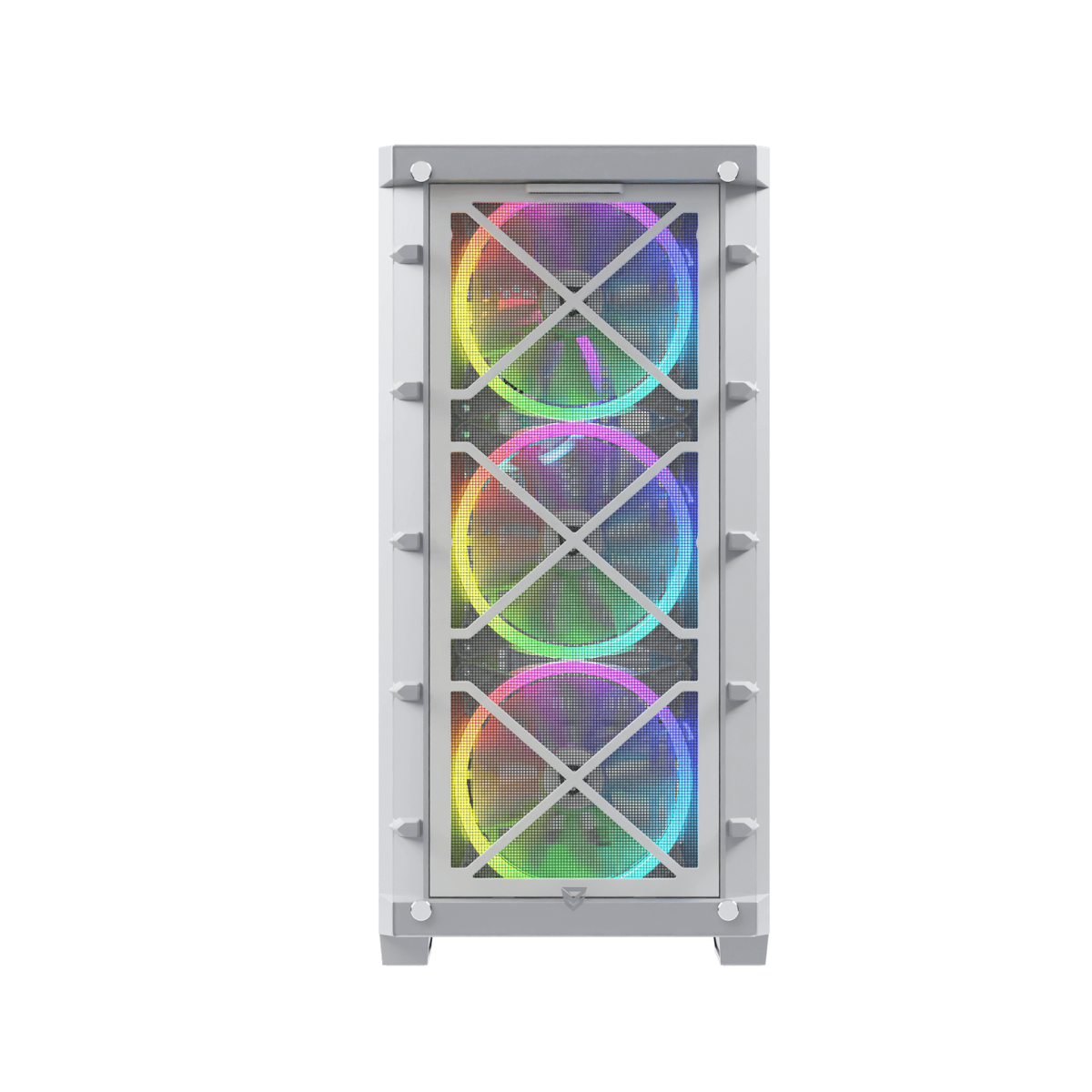 Un case per computer bianco con tre ventole colorate dietro una griglia.