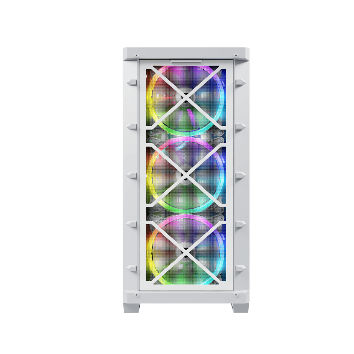 Case PC bianca con ventole RGB dietro la griglia.