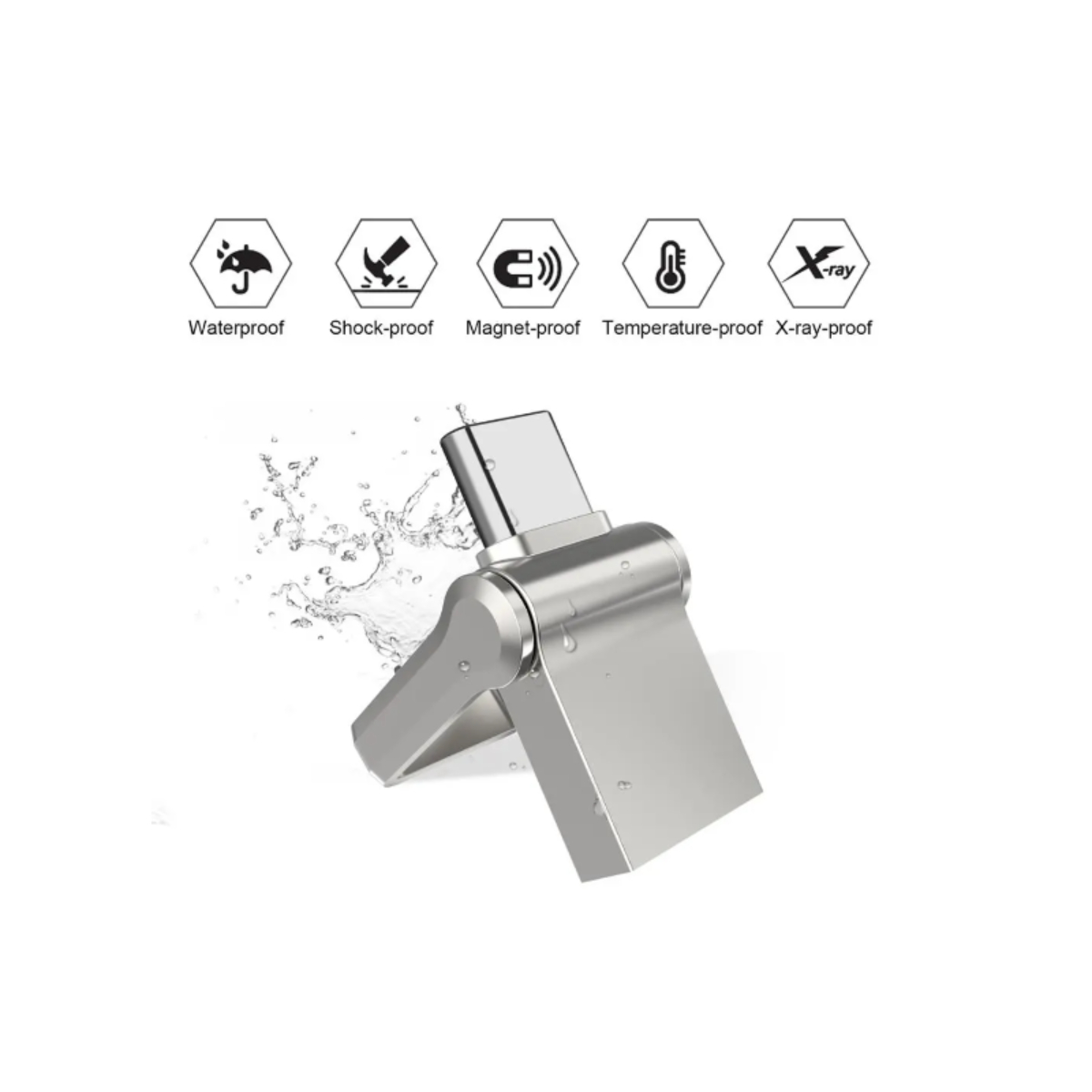 Una unidad USB plateada con iconos para resistente al agua, a prueba de golpes, a prueba de imanes, temperatura y rayos X.