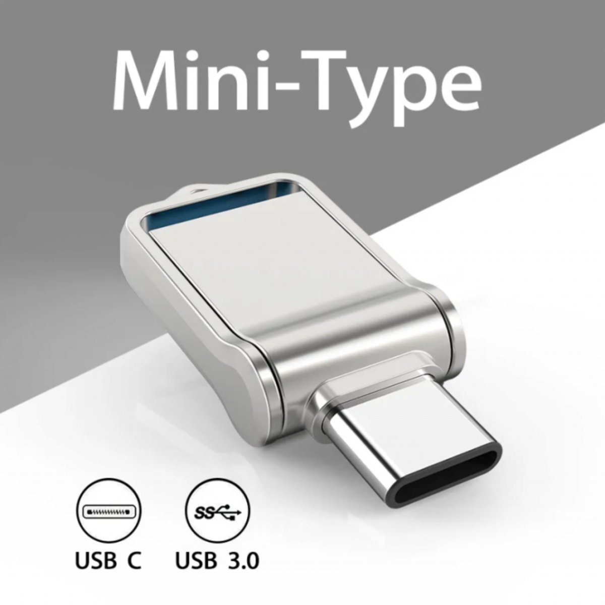 Una unidad flash USB-C plateada. Tiene marcas USB 3.0 y USB C. El fondo es blanco.