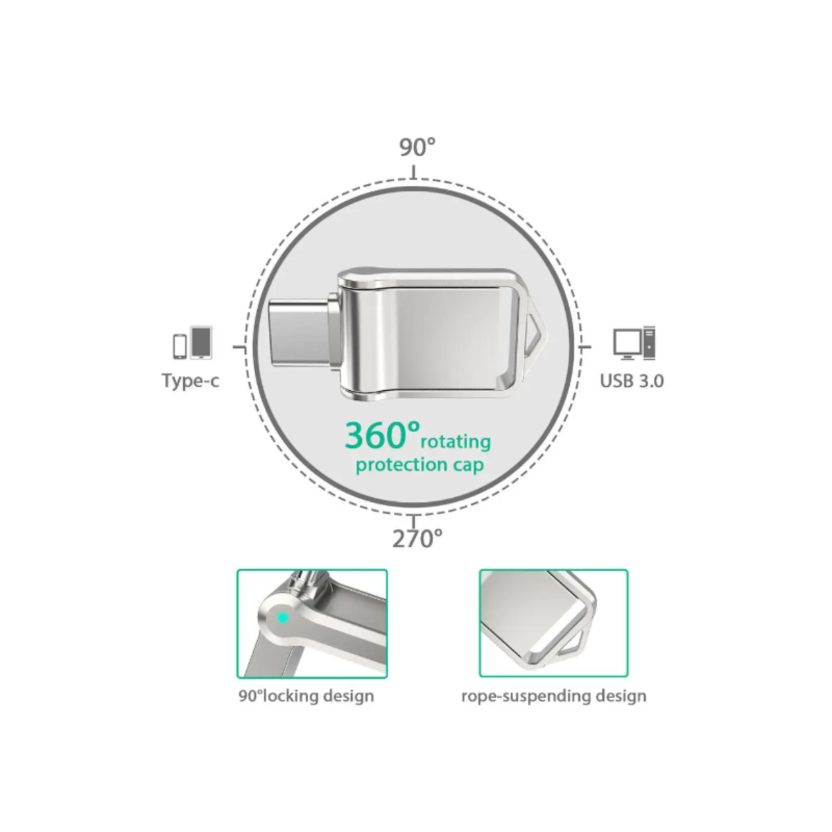 Memoria USB plateada con una tapa de protección giratoria. Muestra conectores Tipo-C y USB 3.0.