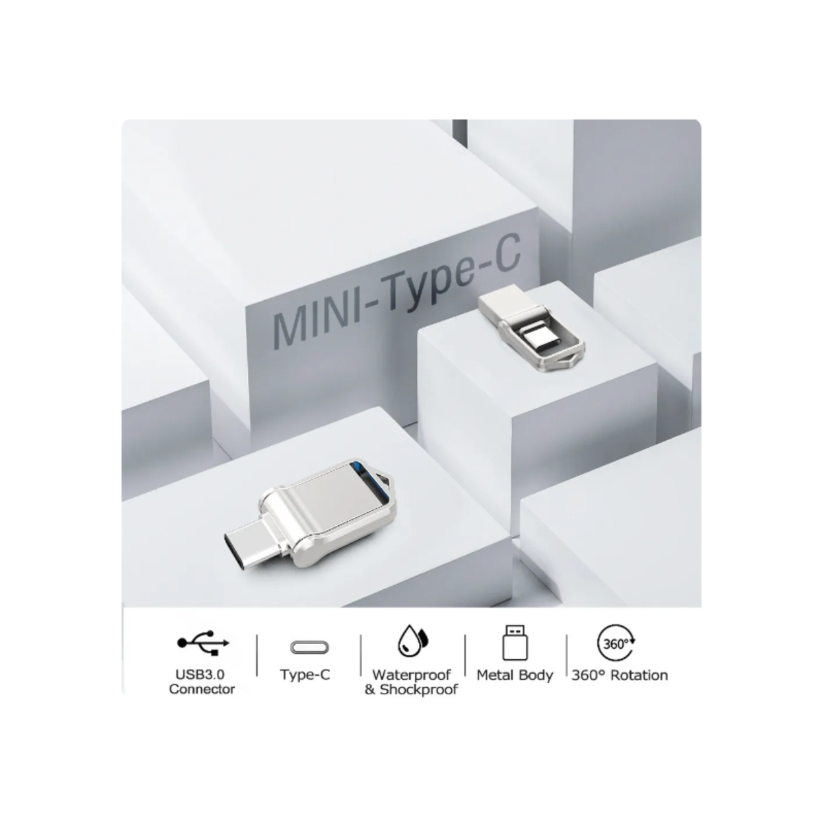 Una unidad flash USB-C plateada sobre bloques blancos, con iconos para USB, Tipo-C y otras funciones.