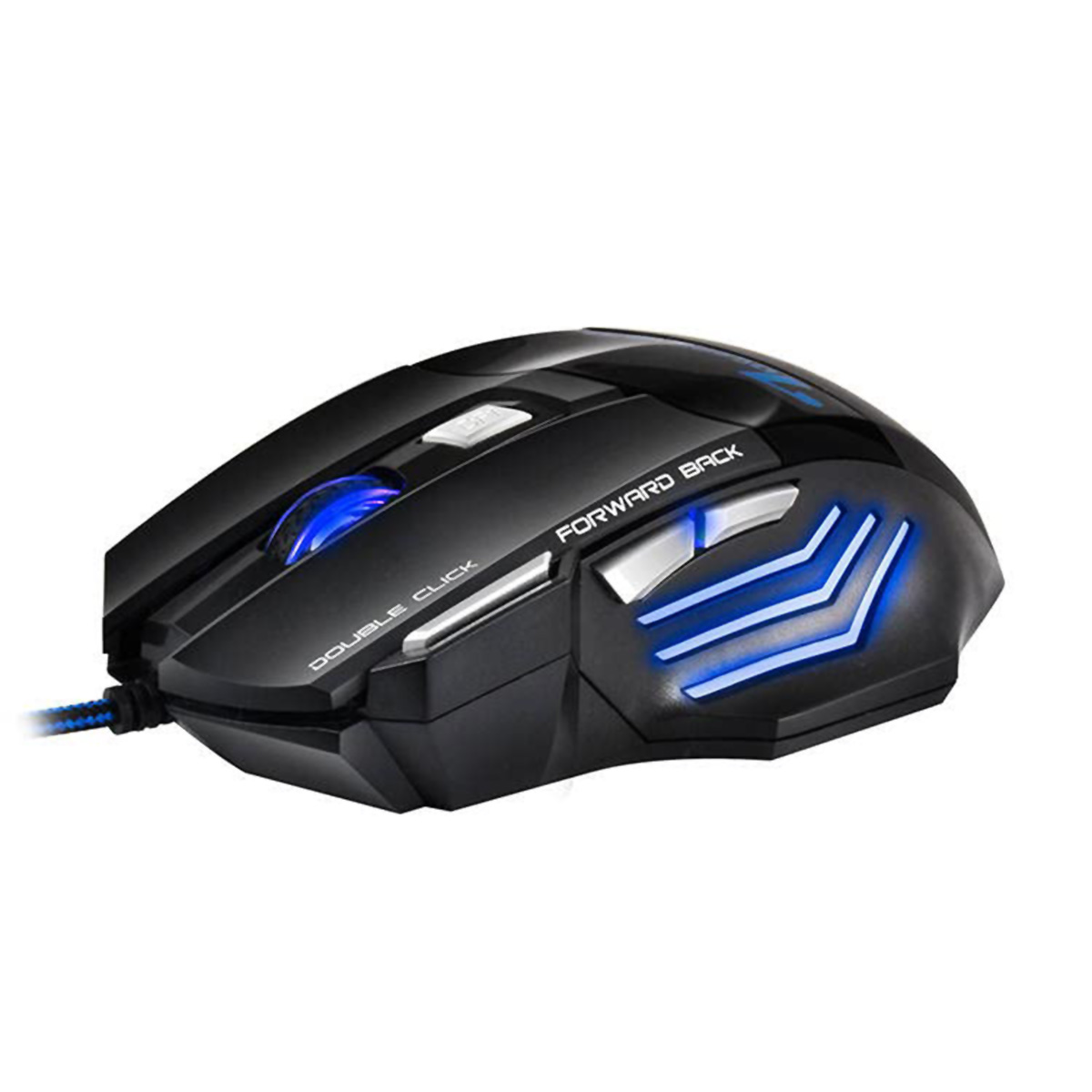 Ratón gaming negro con acentos LED azules y botones visibles.