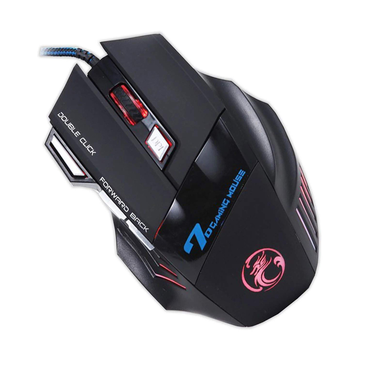 Ratón gaming negro con detalles rojos. Múltiples botones, incluyendo avance, retroceso y ajuste DPI.