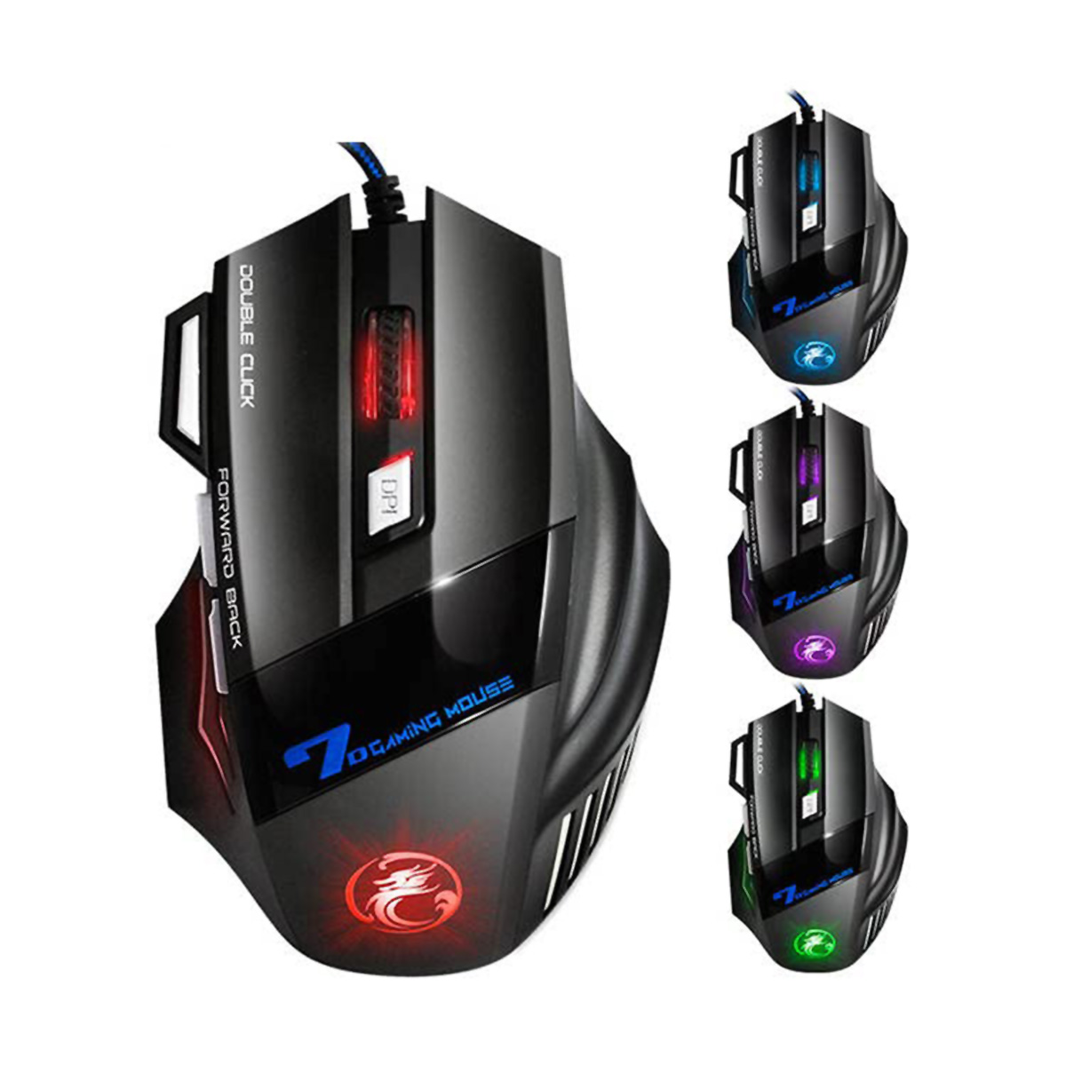 Ratón gaming negro con múltiples opciones de iluminación y un logotipo de dragón.