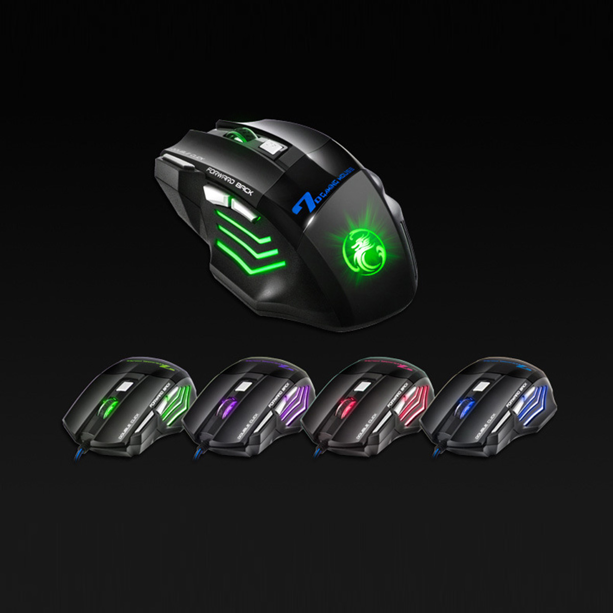 Ratón gaming negro con múltiples opciones de color. Se ilumina en verde, morado, rojo y azul.