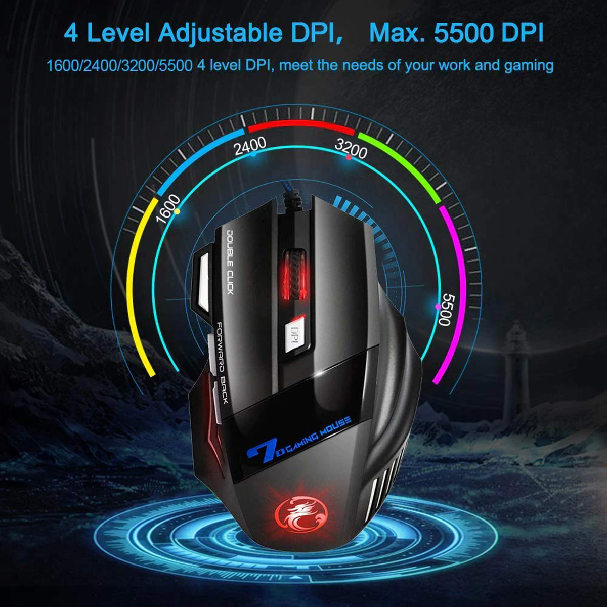 Ratón gaming negro con iluminación roja y un diagrama mostrando los niveles de DPI.