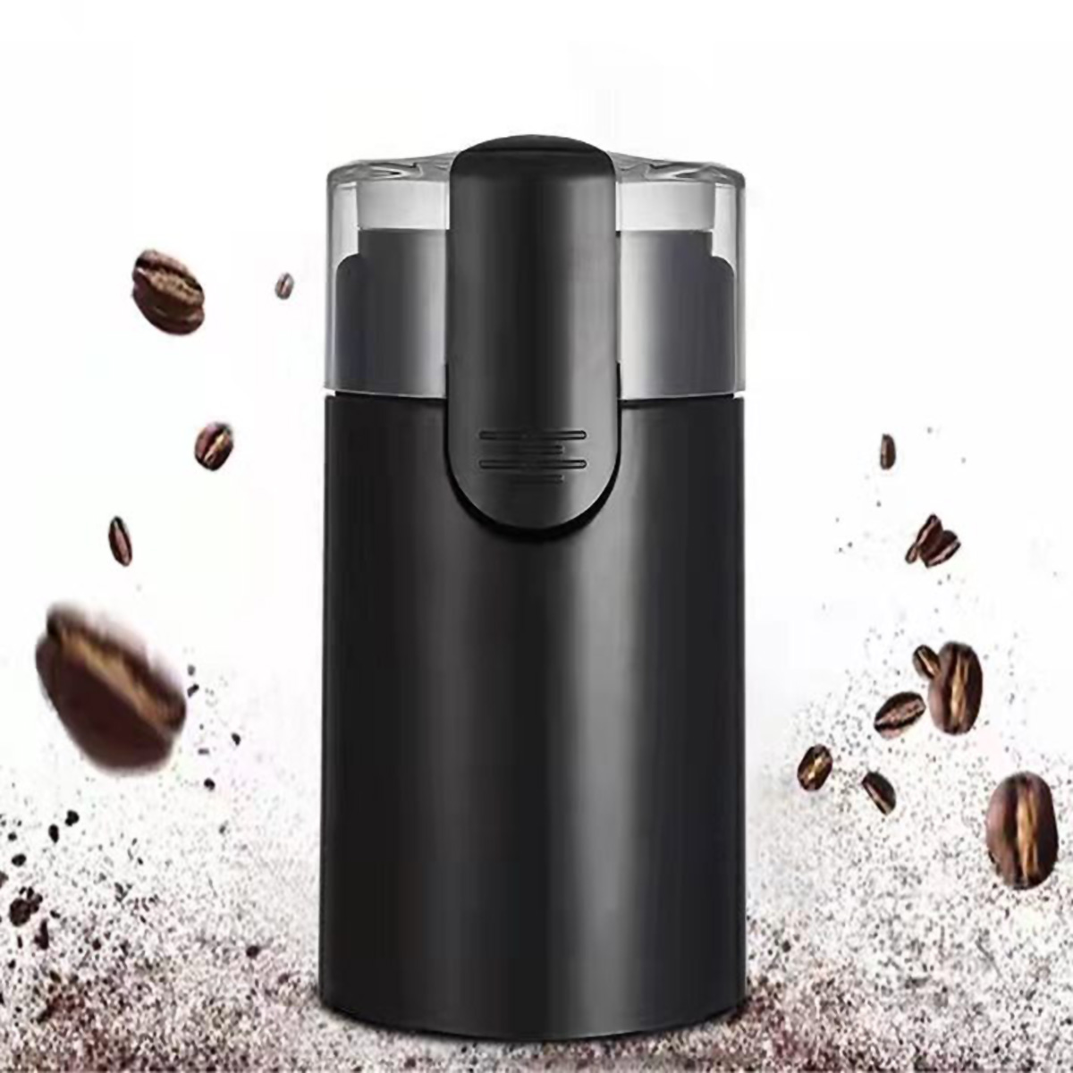 Molinillo de café negro con tapa transparente y granos de café alrededor.