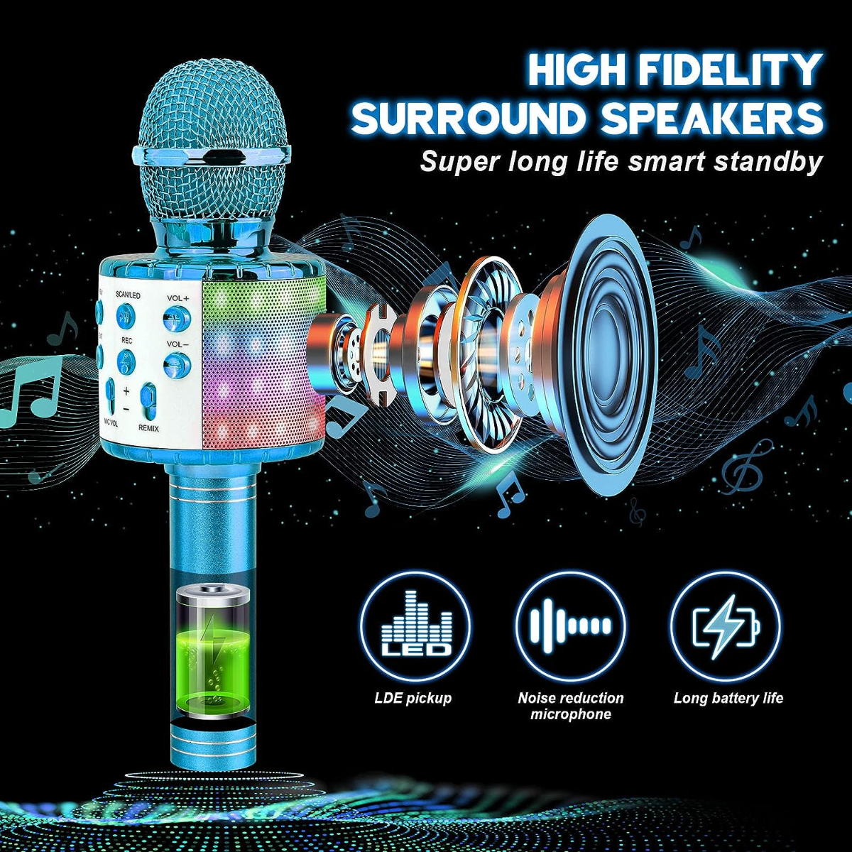Un micrófono azul con un altavoz. Tiene luces e iconos a un lado.