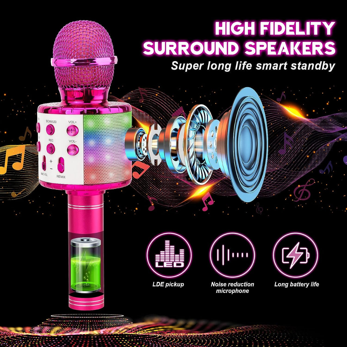 Micrófono rosa con altavoces, botones e iconos para LDE, reducción de ruido y batería.