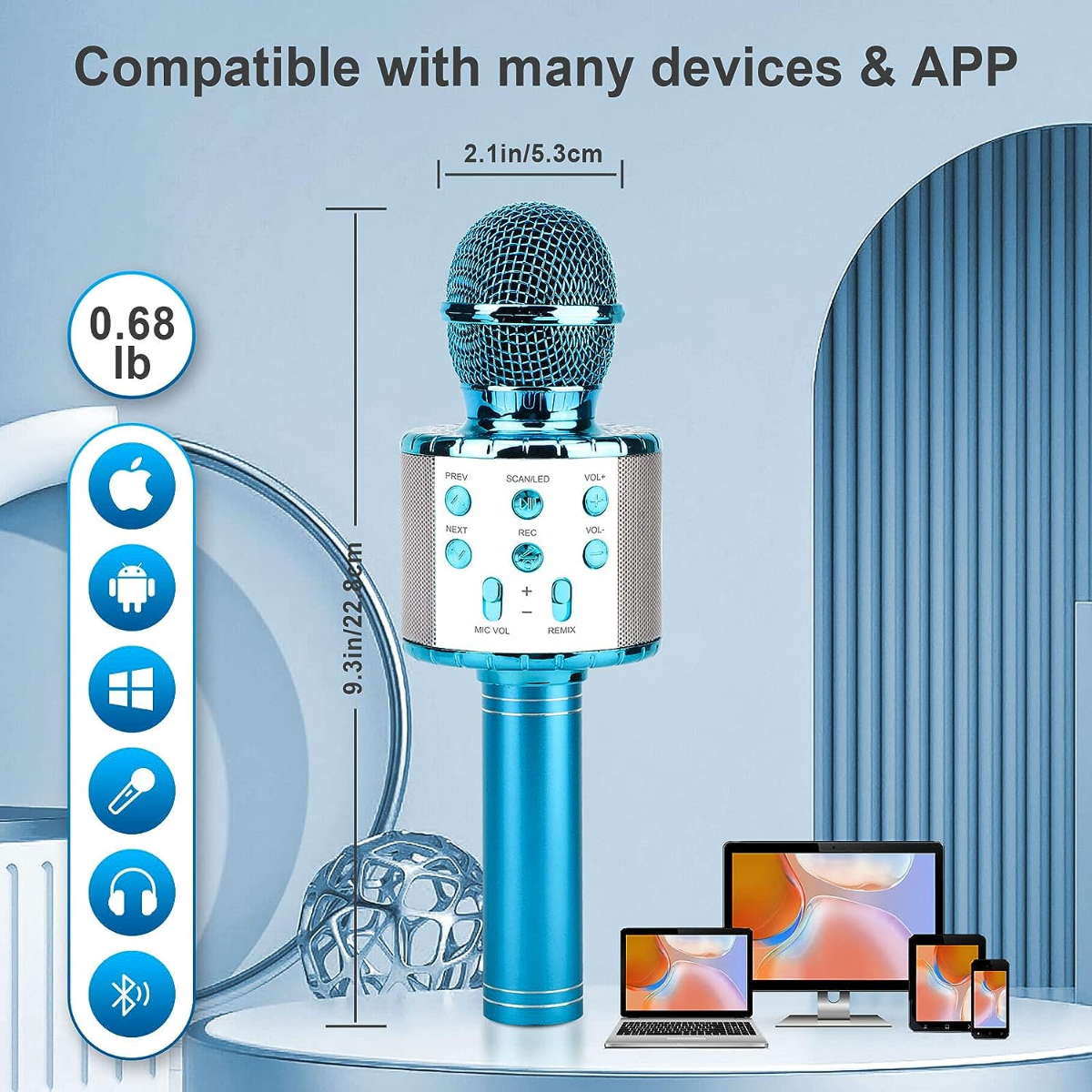 Micrófono azul con controles, dimensiones e iconos que indican compatibilidad sobre fondo azul.