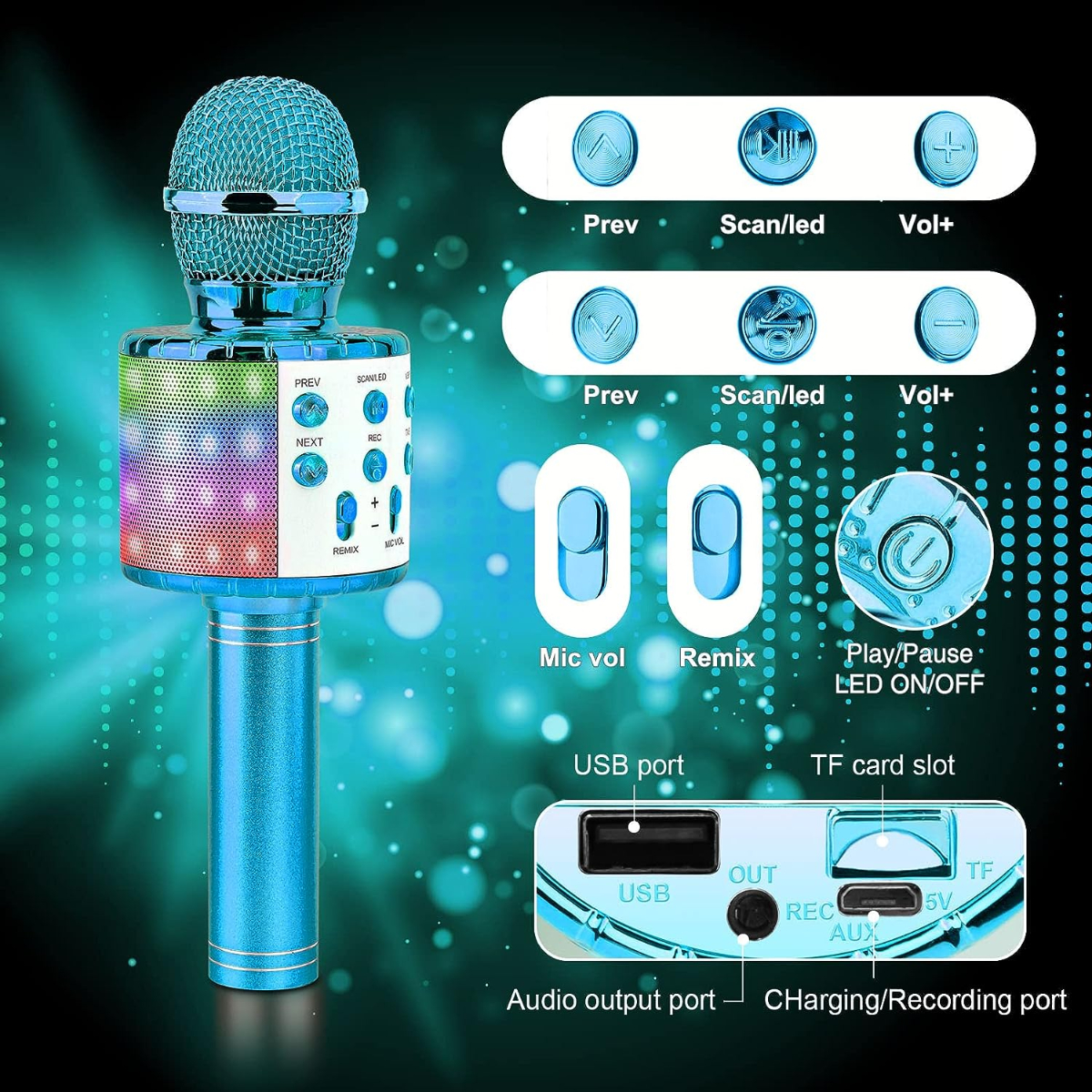 Micrófono de karaoke azul con botones de control y un puerto de carga.