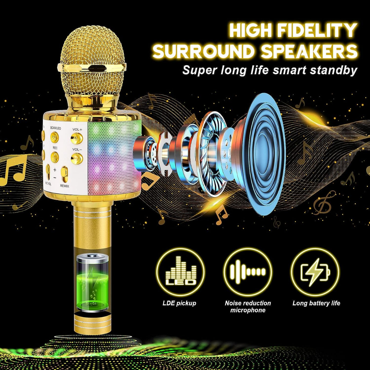 Micrófono dorado con altavoces. Texto: Altavoces de alta fidelidad. Características: captación LED, reducción de ruido y batería larga.