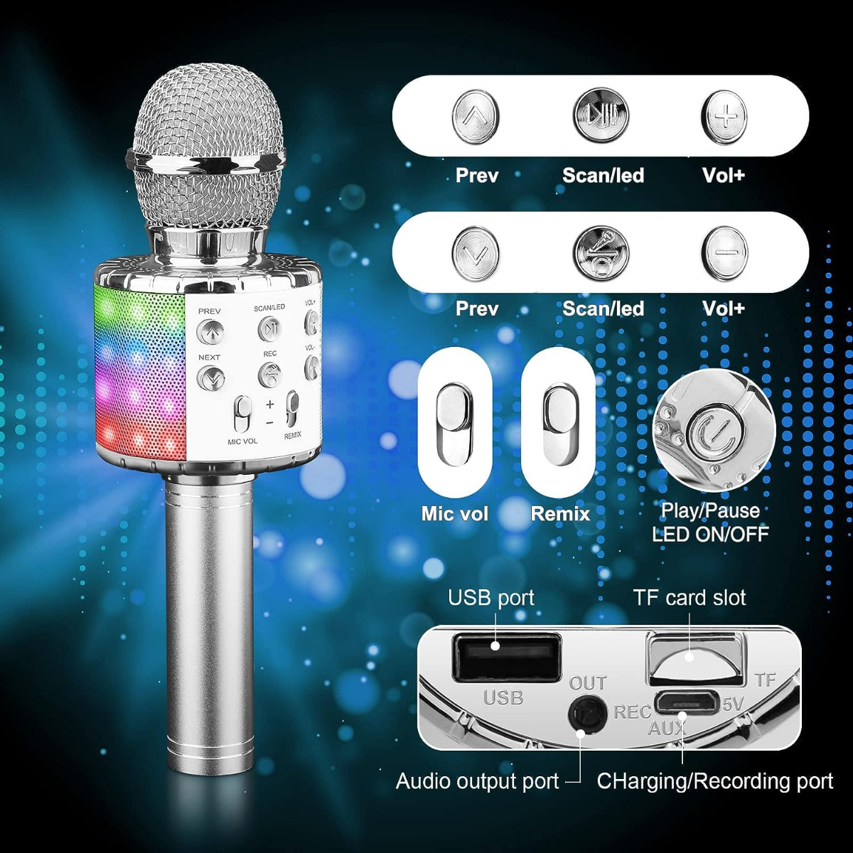Micrófono plateado con botones de control, puertos USB y TF. Luces multicolores en la base.