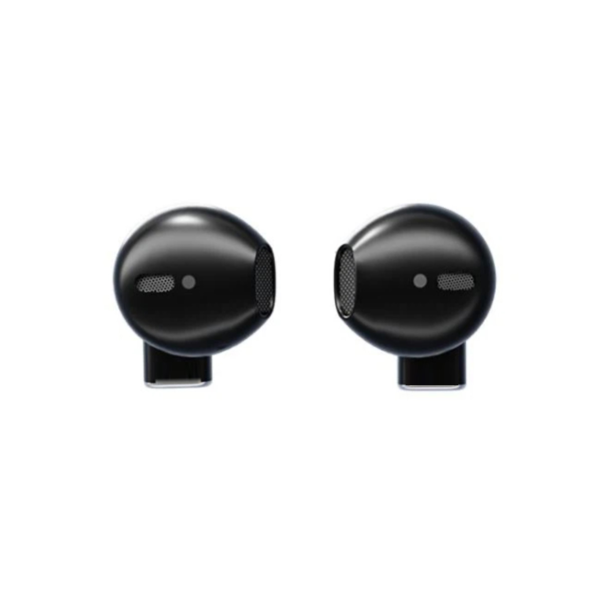 Dos auriculares inalámbricos negros, vistos de cerca, con un diseño elegante y moderno.