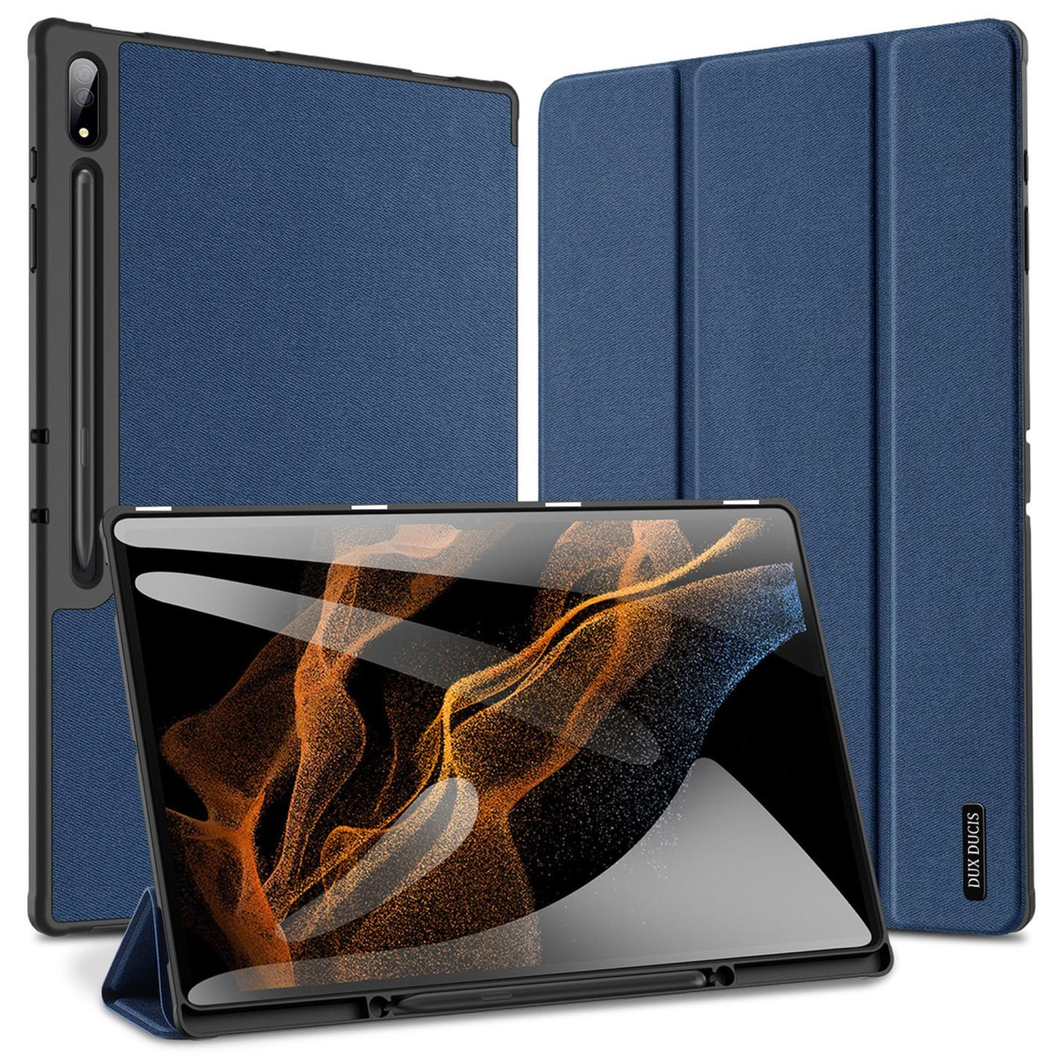 Tablet und Hüllen. Ein Tablet liegt auf einem Tisch. Zwei Hüllen befinden sich dahinter. Die Hüllen sind blau.