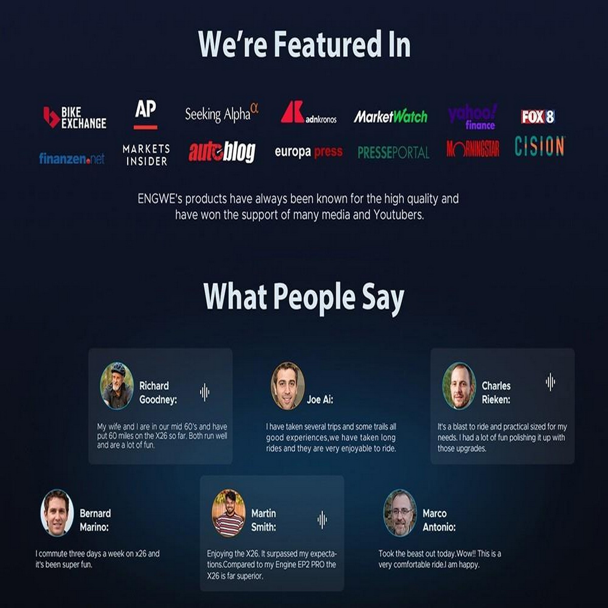 Una pagina web con loghi di media e testimonianze sui prodotti.