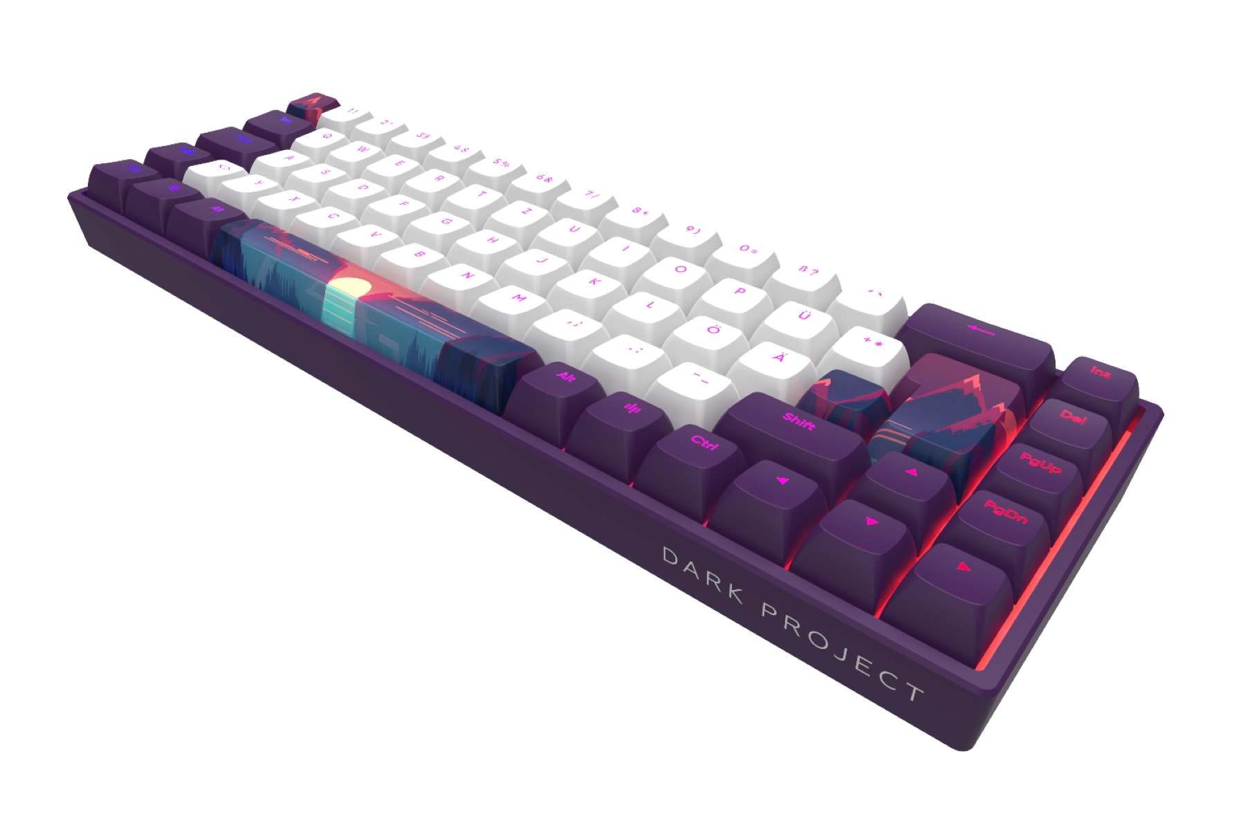 Lila Tastatur mit weißen und lila Tasten, mit Landschaftsdesign.