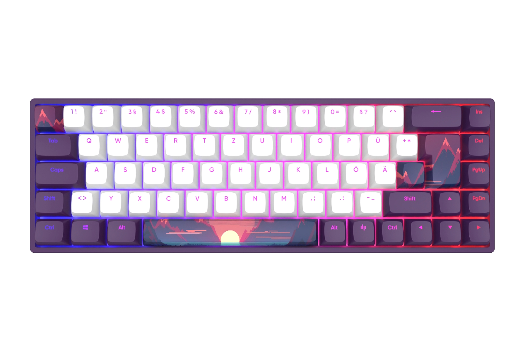 Eine weiße, lila und blaue Tastatur. Es hat ein Sonnenaufgang-Design auf der Leertaste.