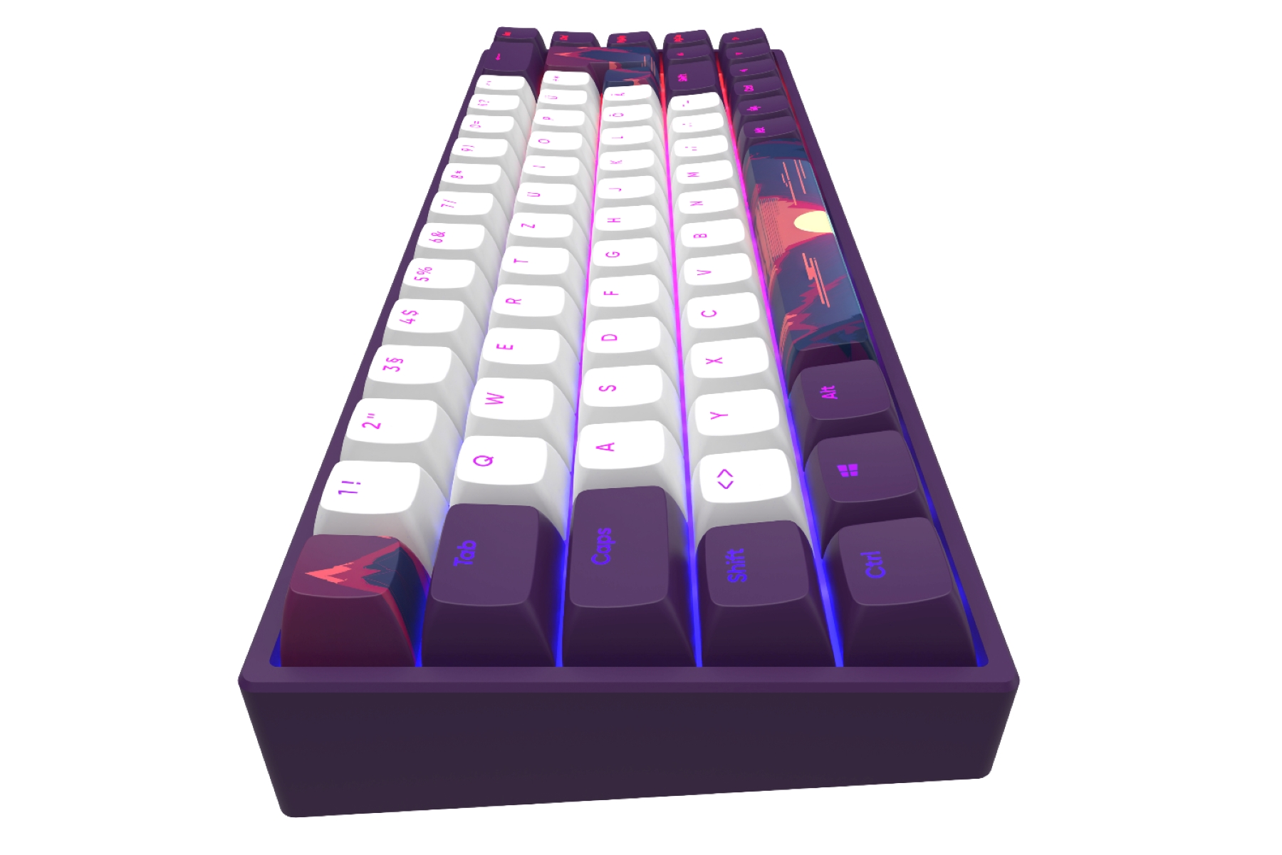 Eine niedrigwinklige Ansicht einer kompakten mechanischen Tastatur mit weißen und lila Tasten.