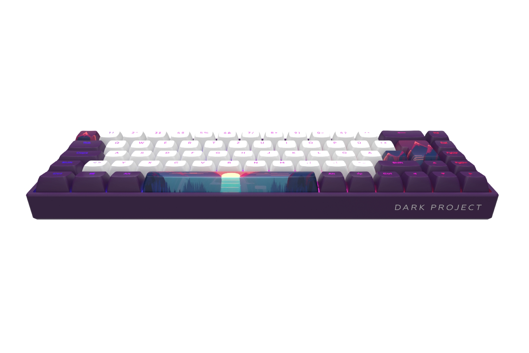 Lila mechanische Tastatur mit weißen Tasten und einem Sonnenuntergangsbild auf der Leertaste, auf weißem Hintergrund.