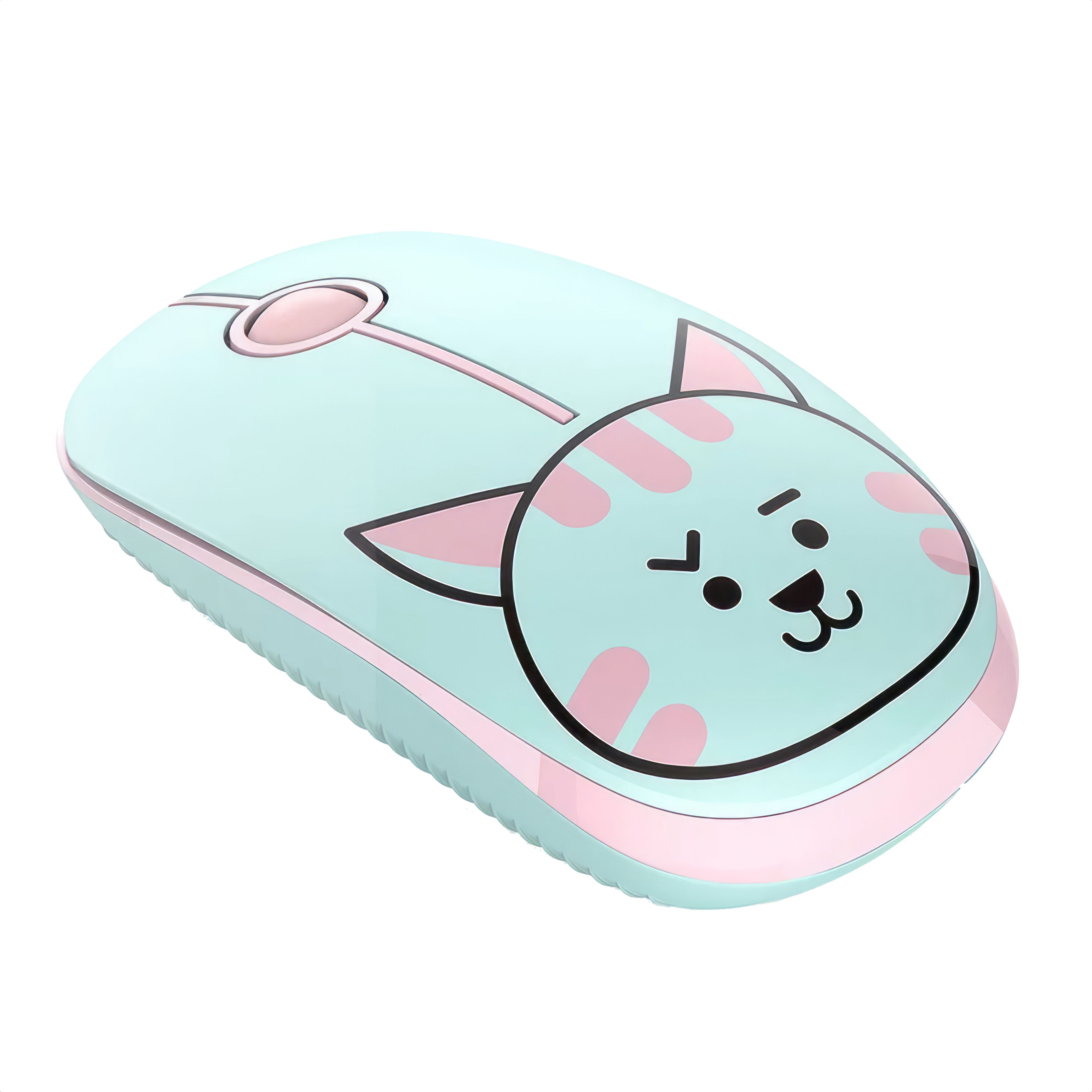 Niebieska i różowa mysz z kreskówki z mrugającą twarzą.