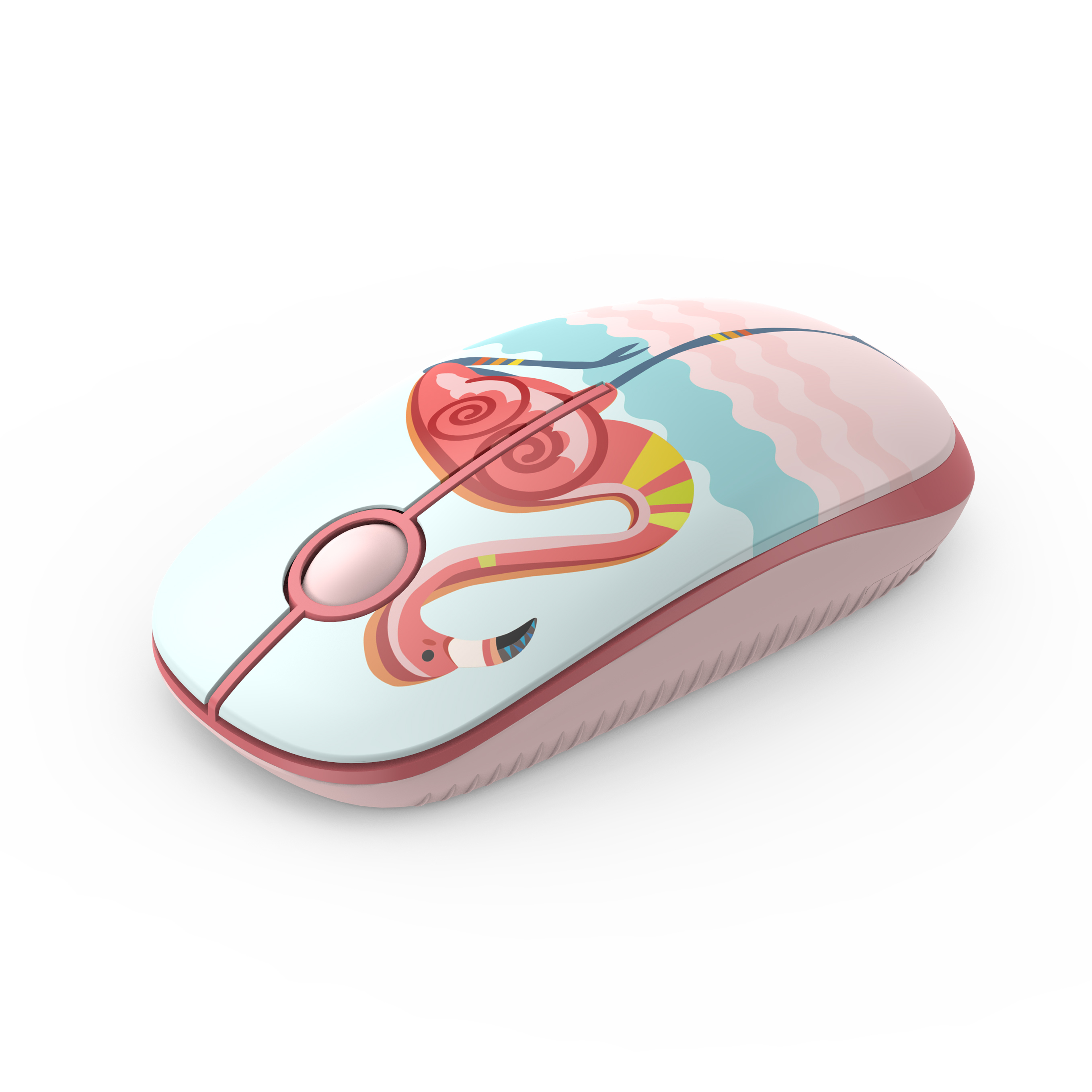 Eine rosa und weiße Computermaus mit Flamingo-Design.