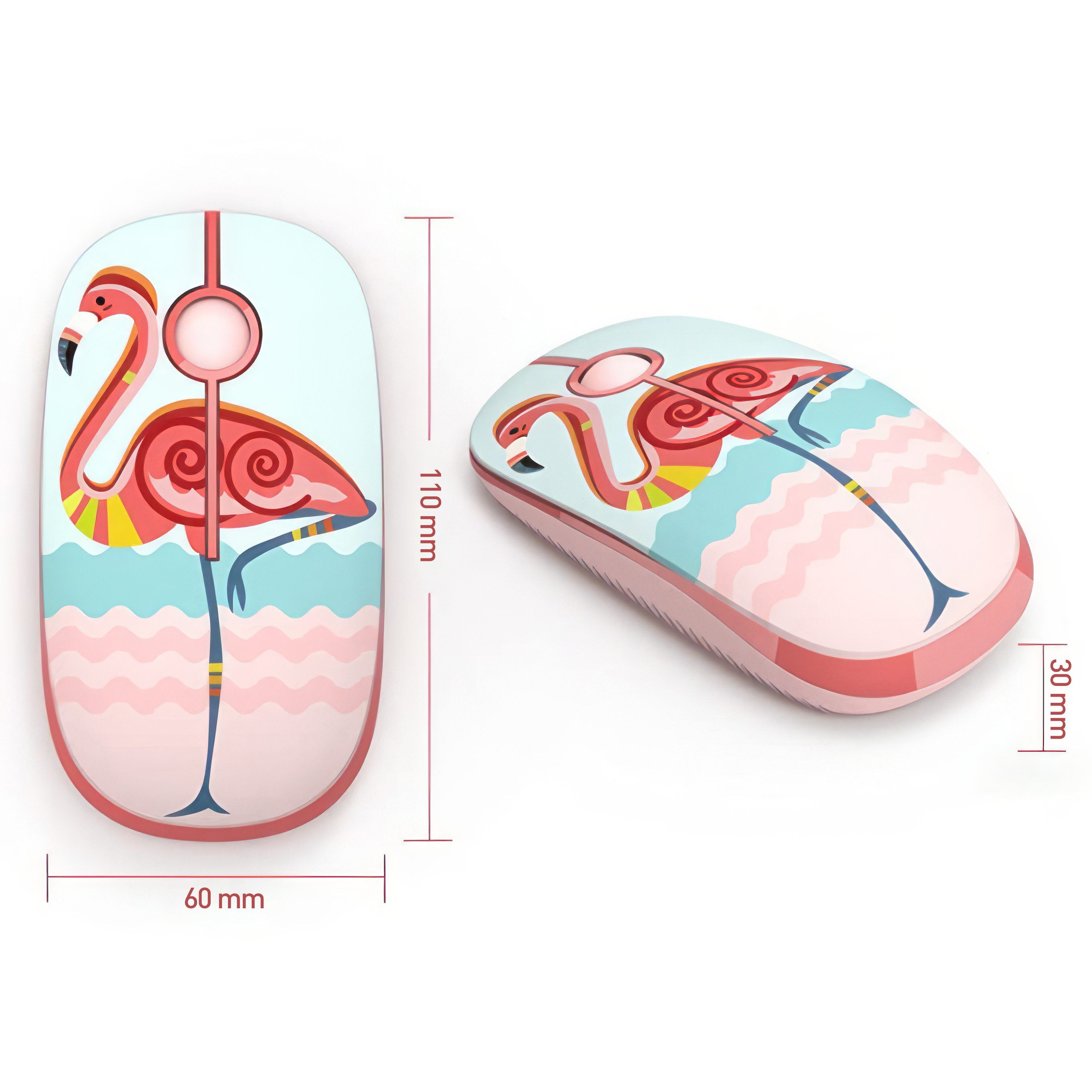 Eine rosa und weiße Computermaus mit Flamingodesign. Abmessungen sind mit Linien dargestellt.