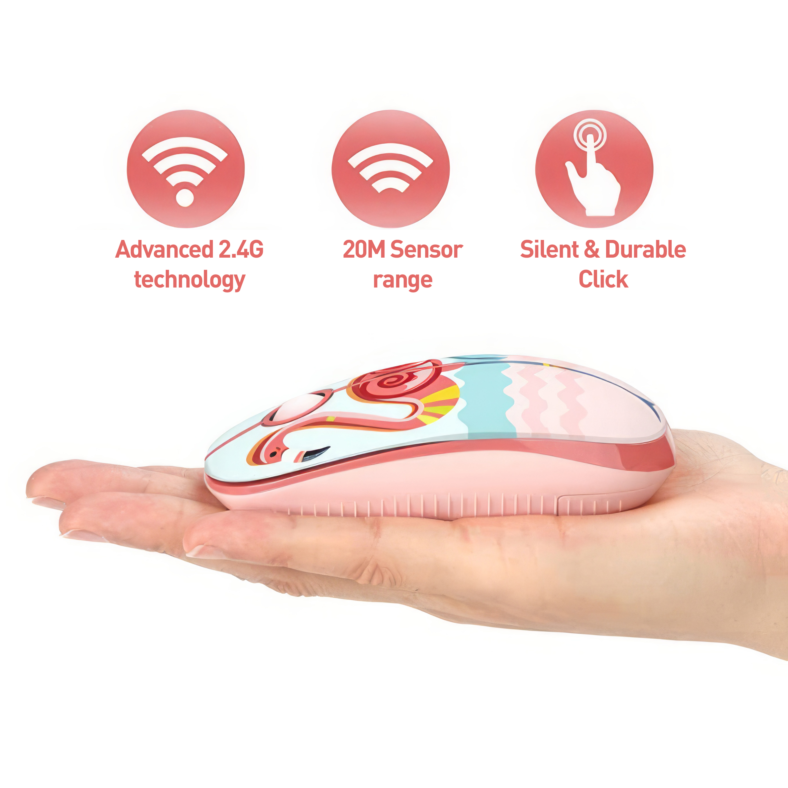 Eine rosa-weiße Maus in einer Hand, mit Symbolen für 2,4G, 20M Reichweite und Silent-Click.